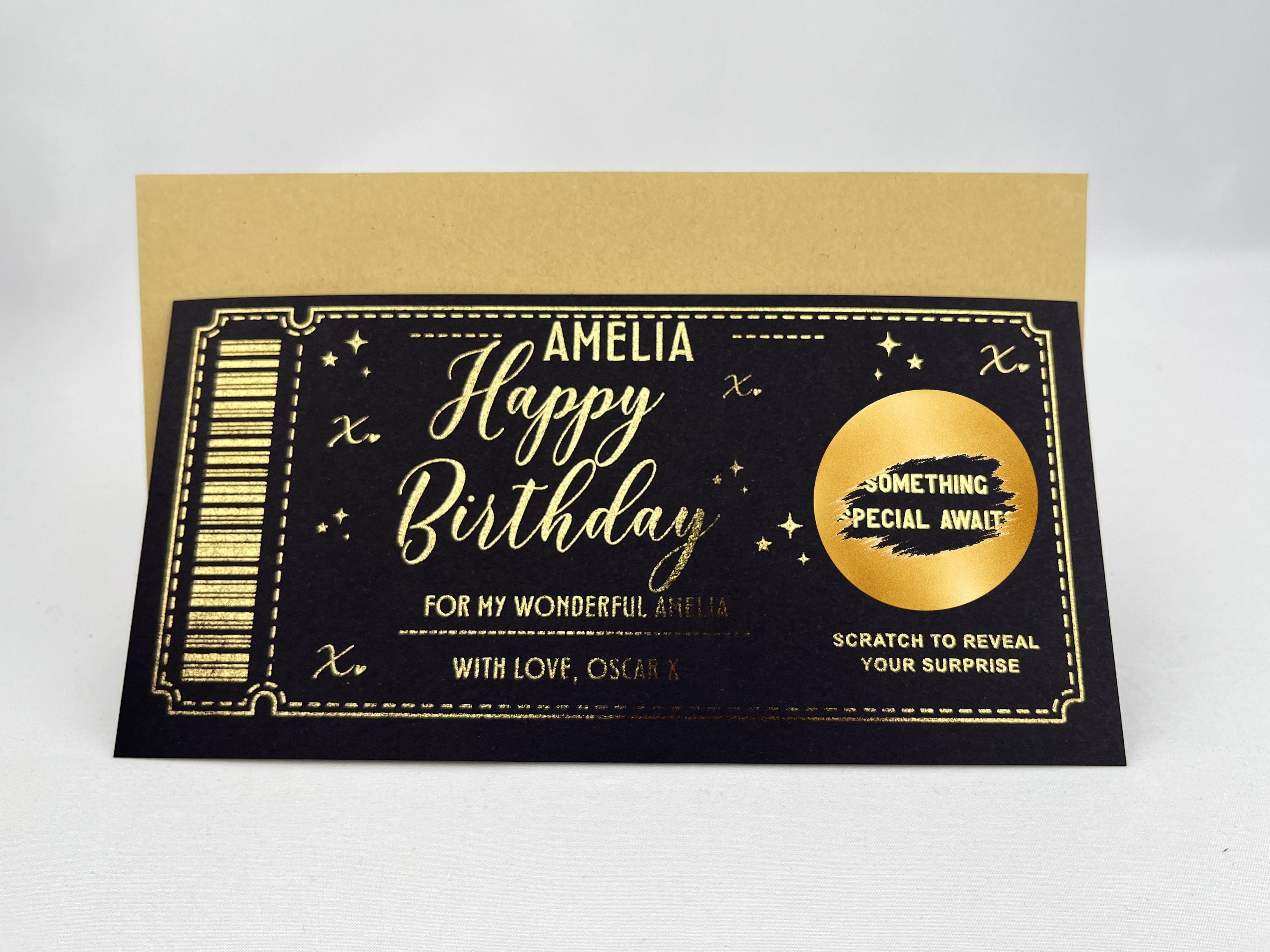 Personalised Happy Birthday Ticket Scratch Card – Gold Surprise Reveal for Any Gift
