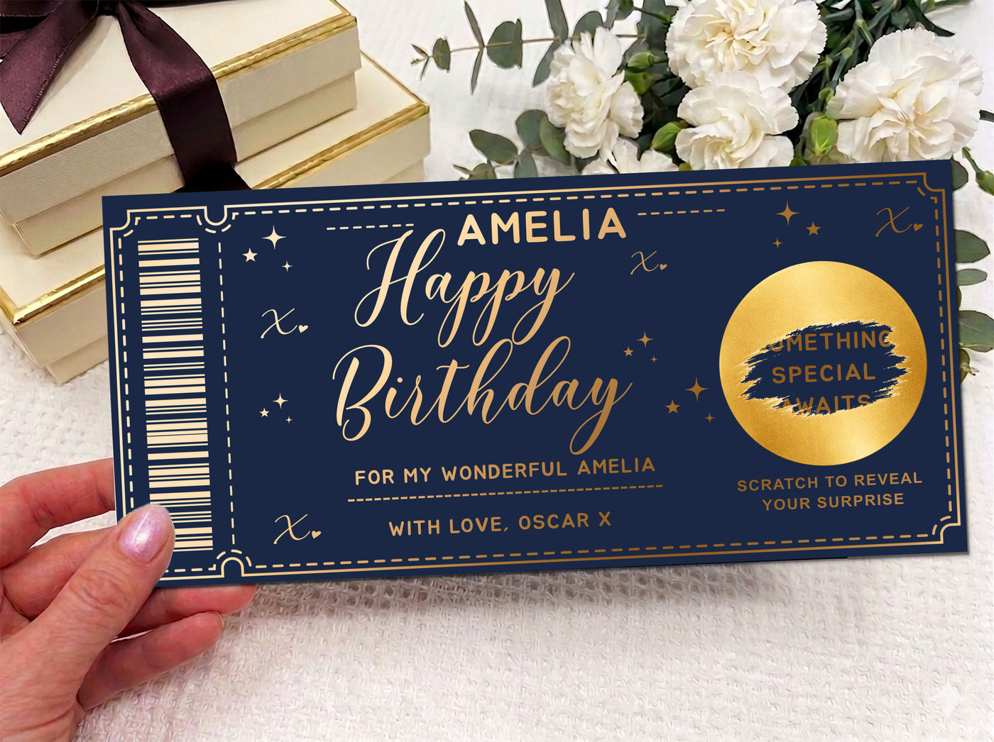 Personalised Happy Birthday Ticket Scratch Card – Gold Surprise Reveal for Any Gift