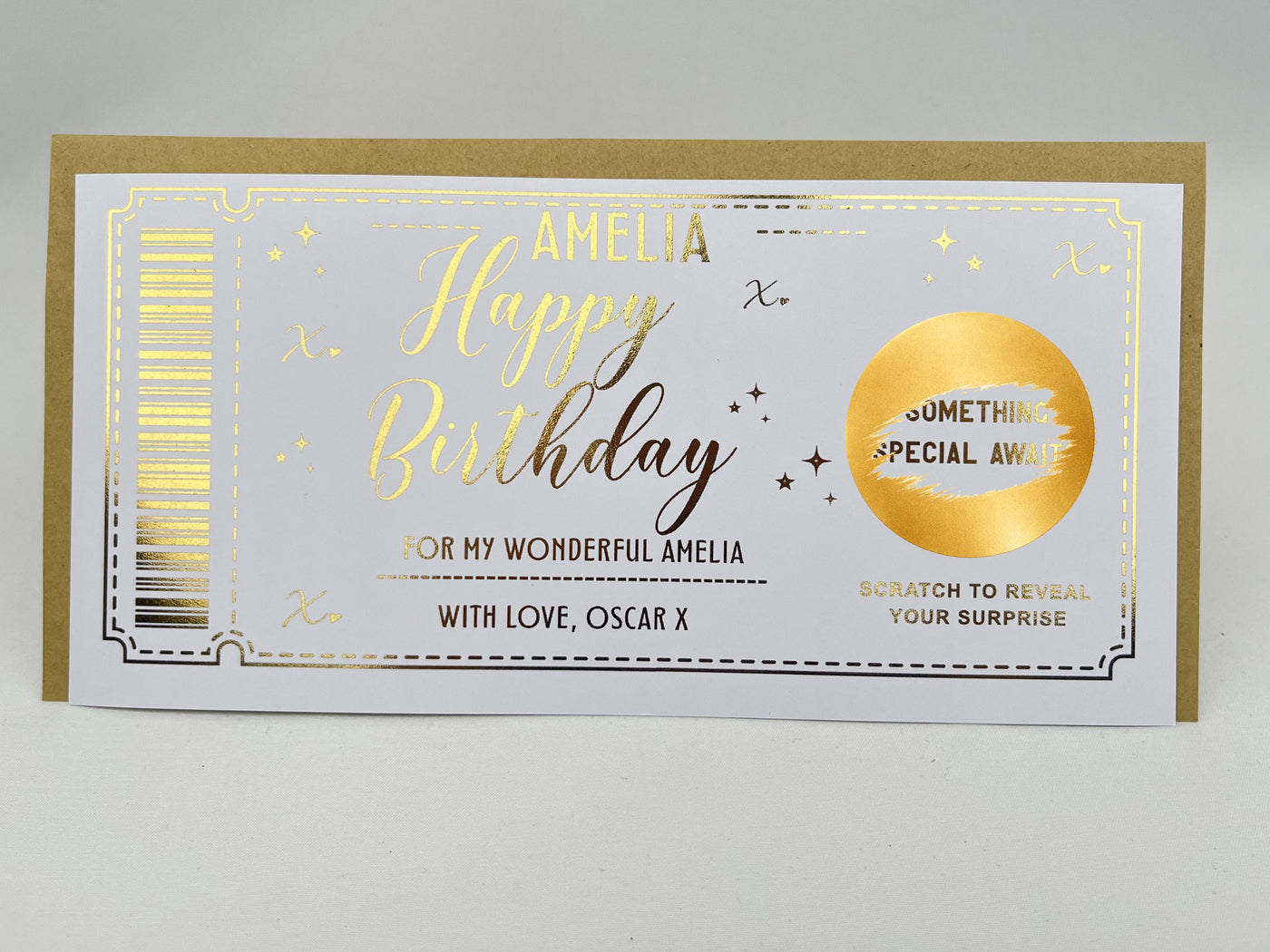 Personalised Happy Birthday Ticket Scratch Card – Gold Surprise Reveal for Any Gift
