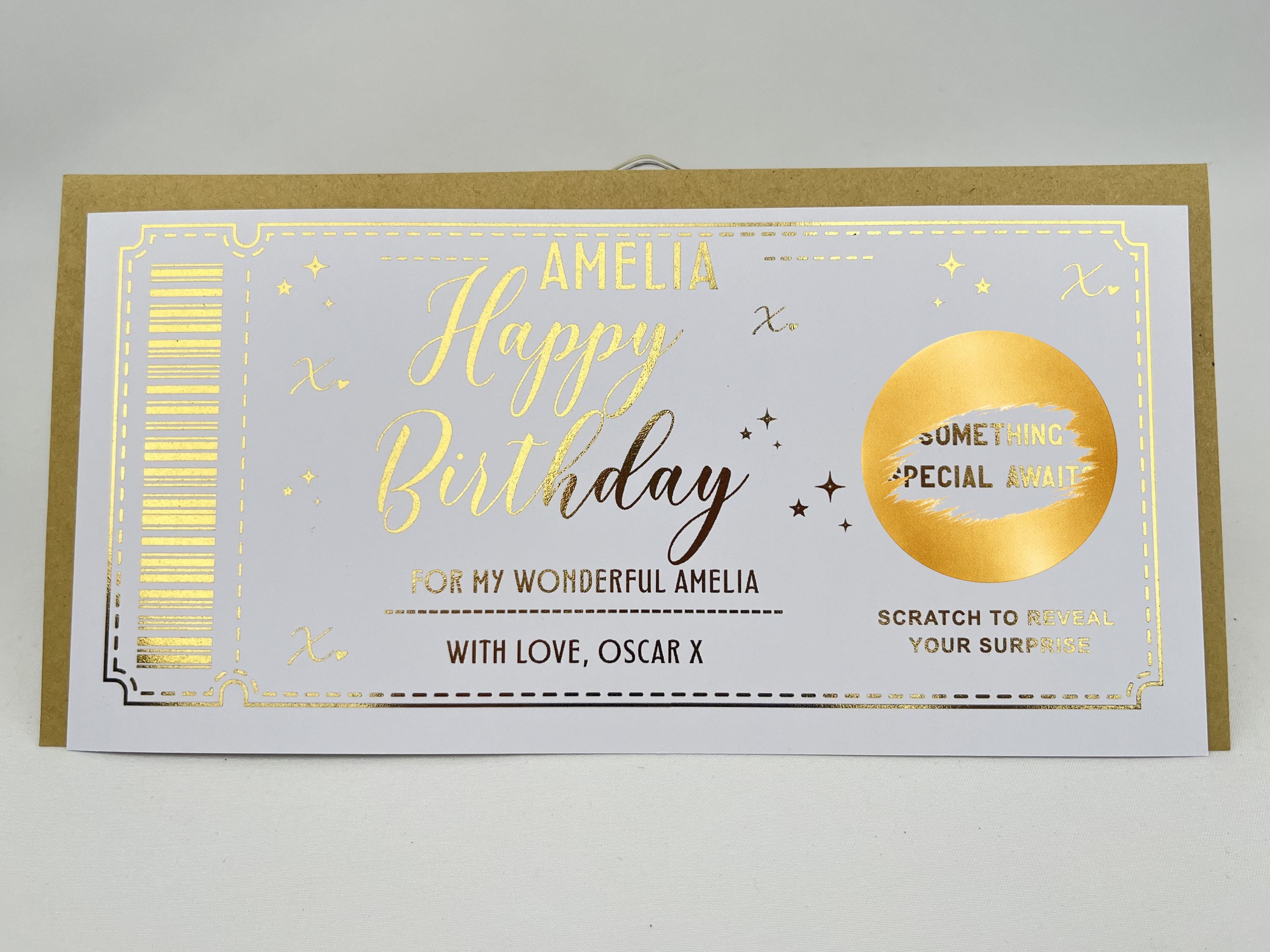Personalised Happy Birthday Ticket Scratch Card – Gold Surprise Reveal for Any Gift