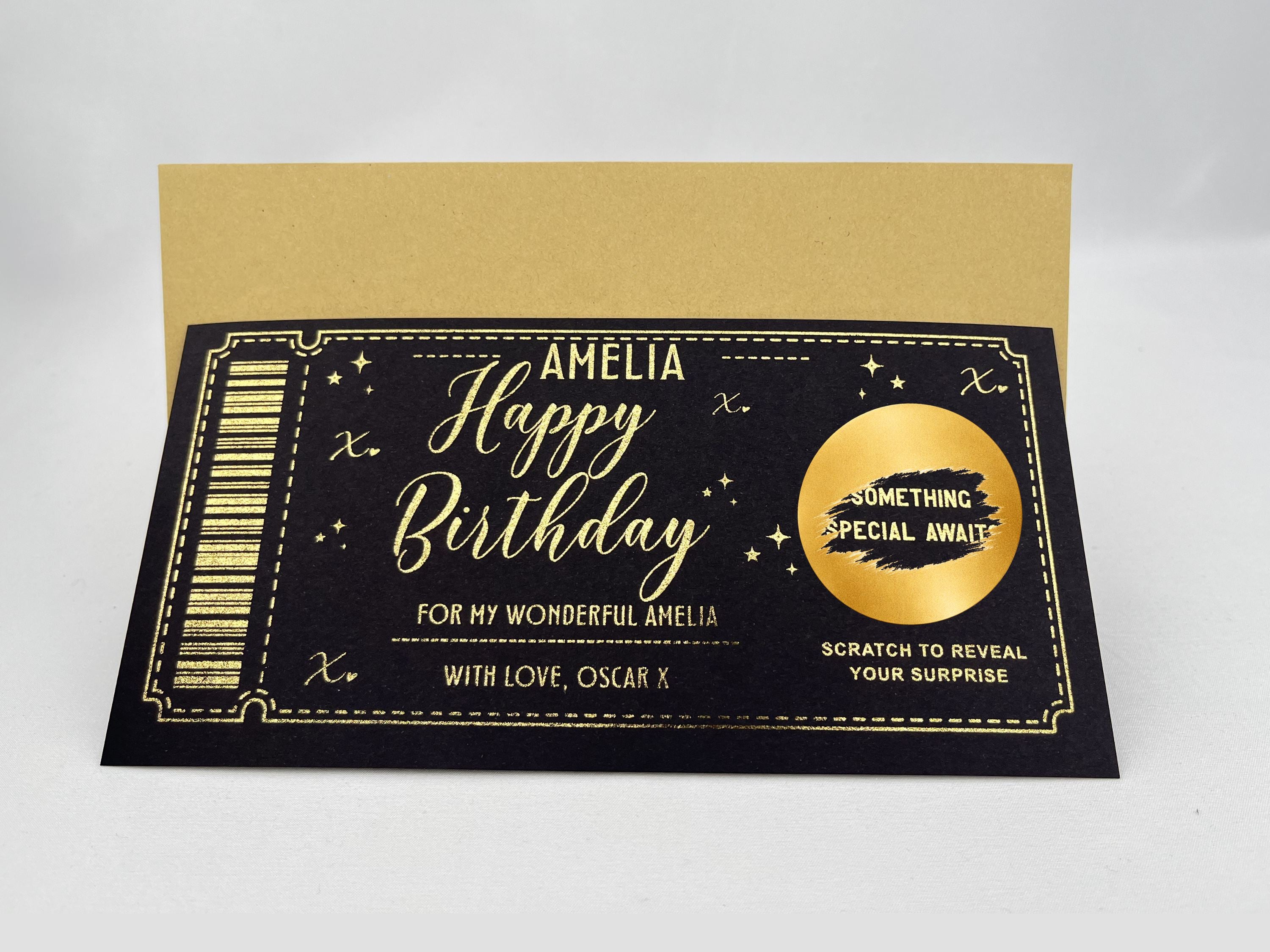 Personalised Happy Birthday Ticket Scratch Card – Gold Surprise Reveal for Any Gift