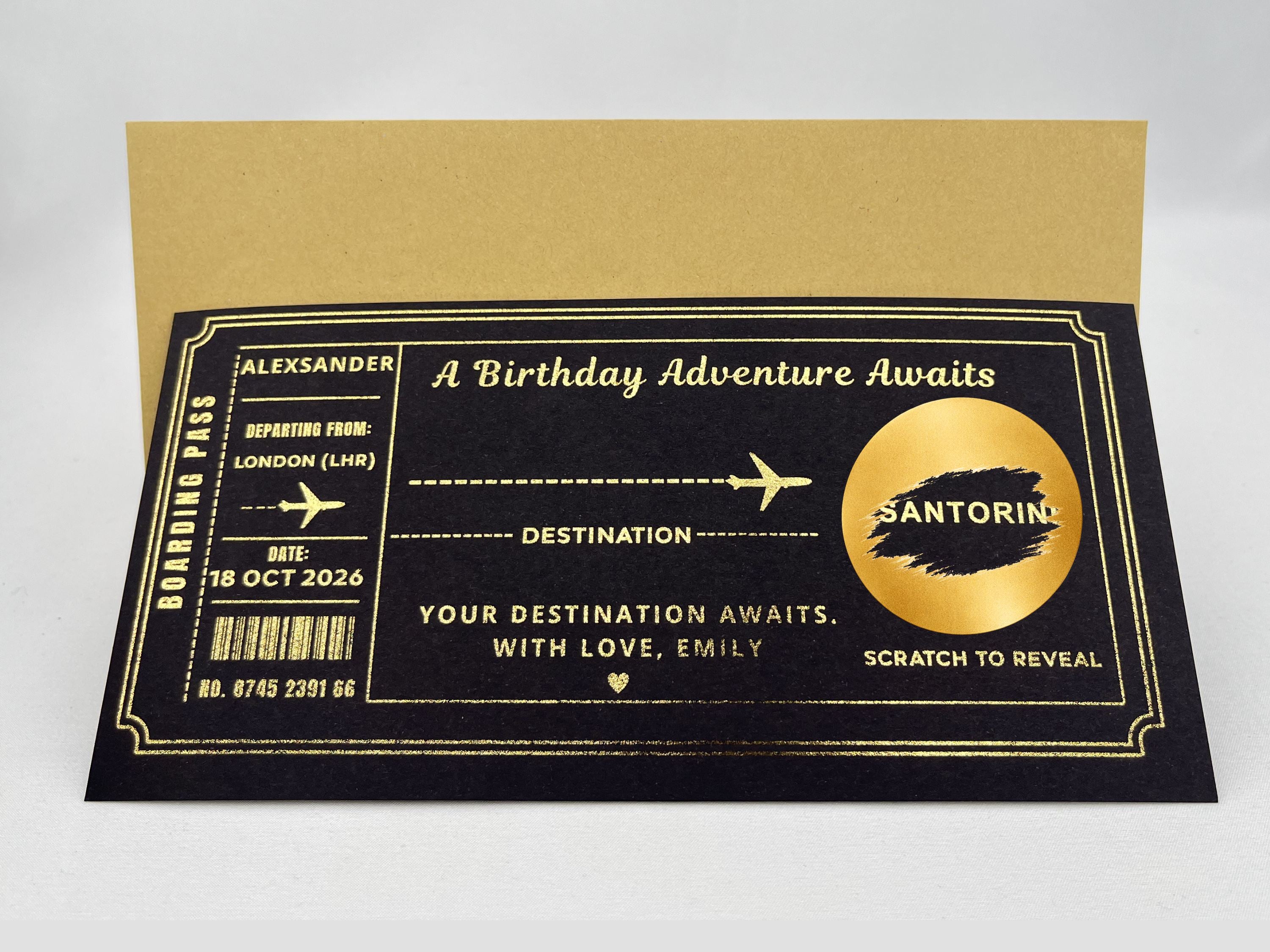 Personalised Birthday Adventure Boarding Pass – Gold Scratch Card Holiday Reveal