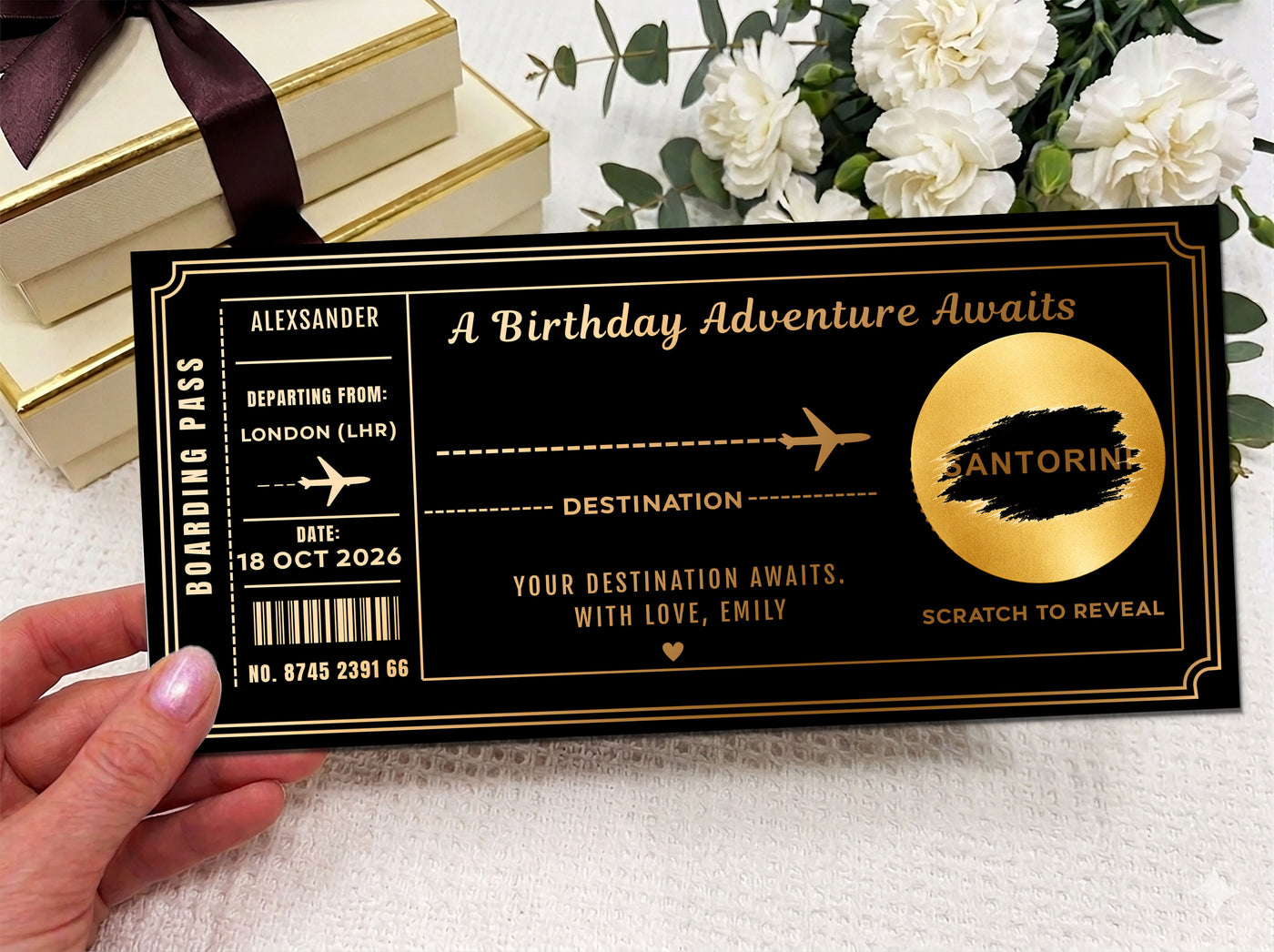 Personalised Birthday Adventure Boarding Pass – Gold Scratch Card Holiday Reveal