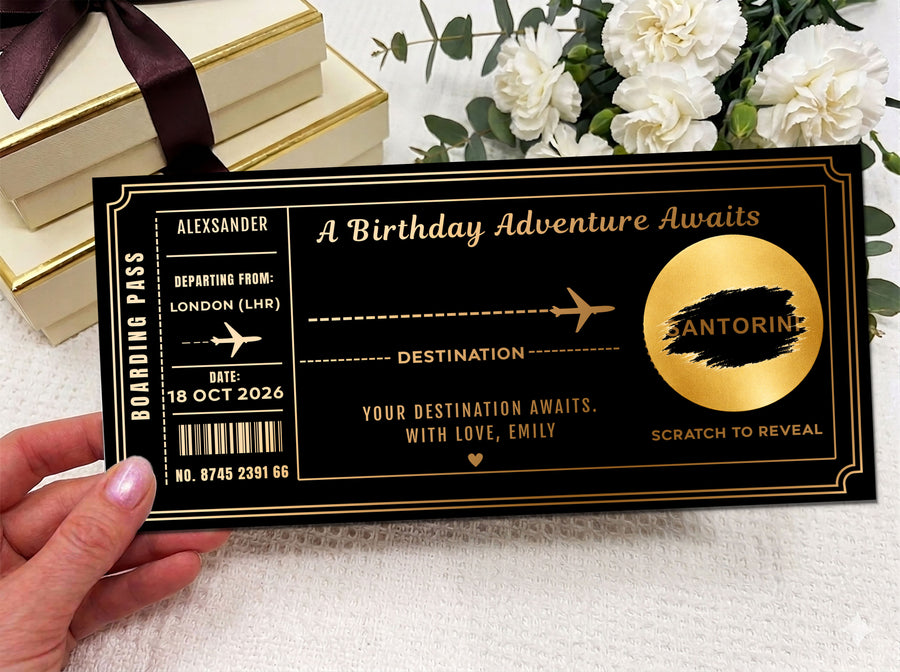 Personalised Birthday Adventure Boarding Pass – Gold Scratch Card Holiday Reveal