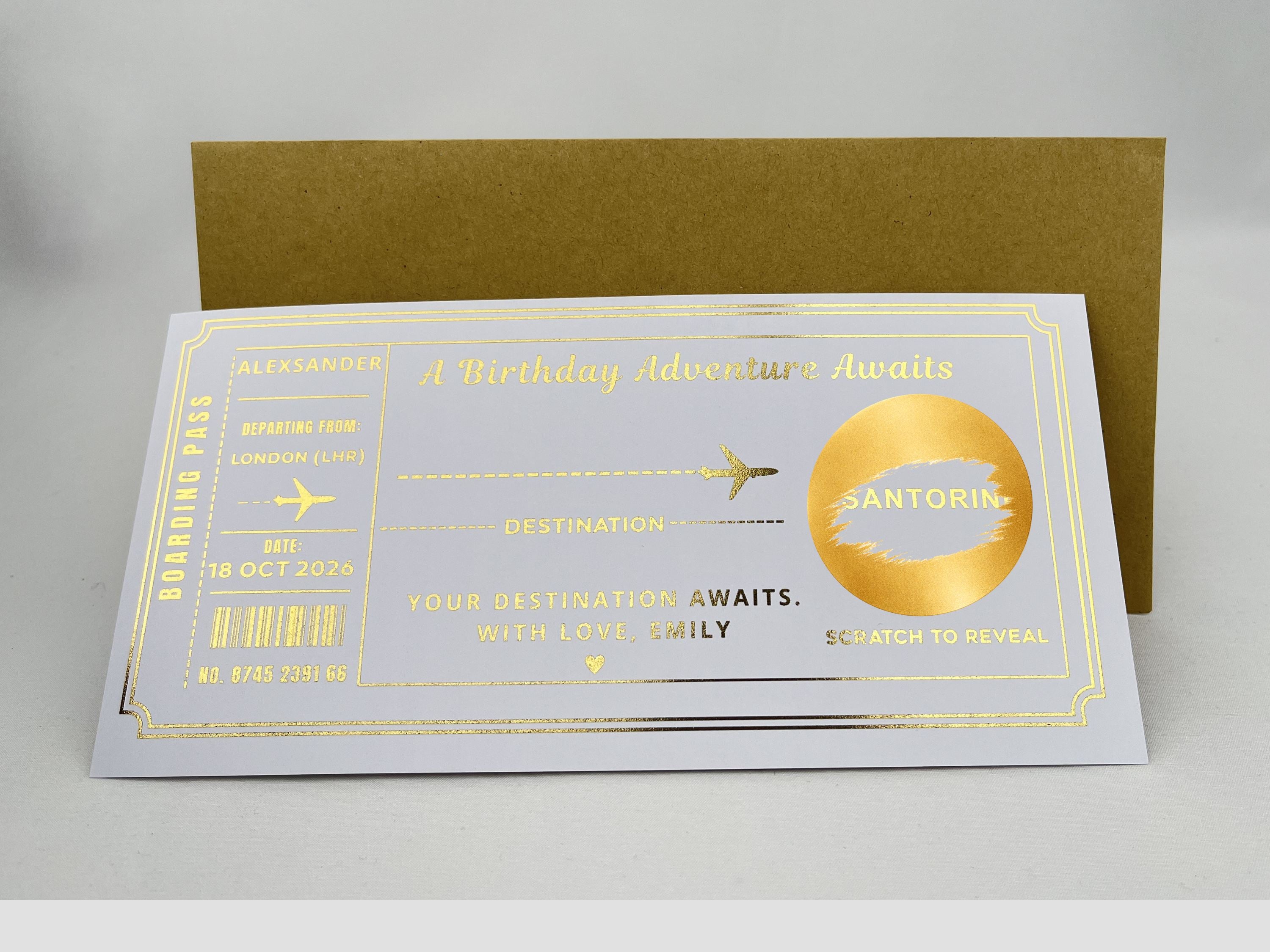 Personalised Birthday Adventure Boarding Pass – Gold Scratch Card Holiday Reveal