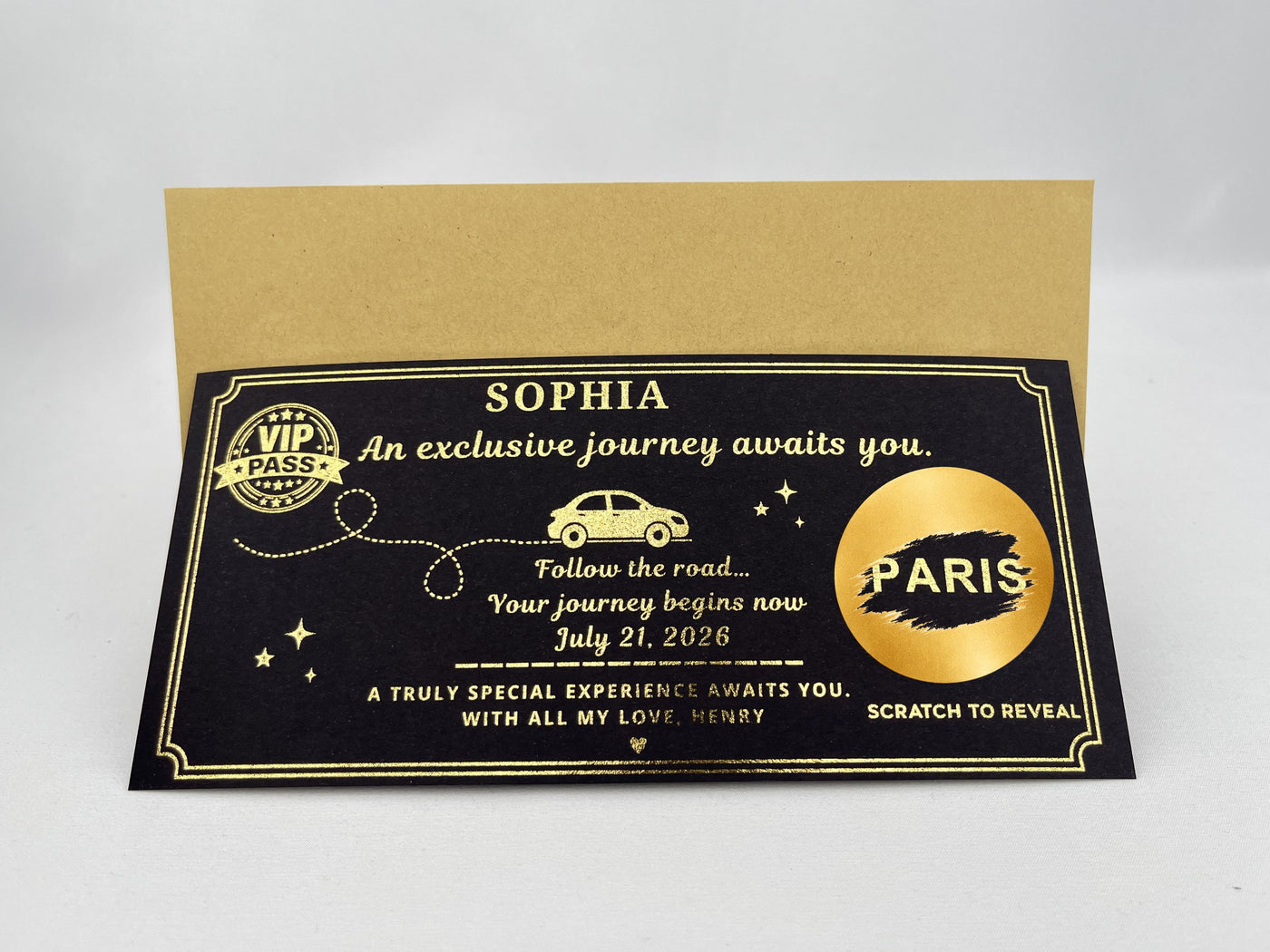 Personalised VIP Pass Scratch Card – Luxury Gold Reveal for Surprise Trips and Experiences