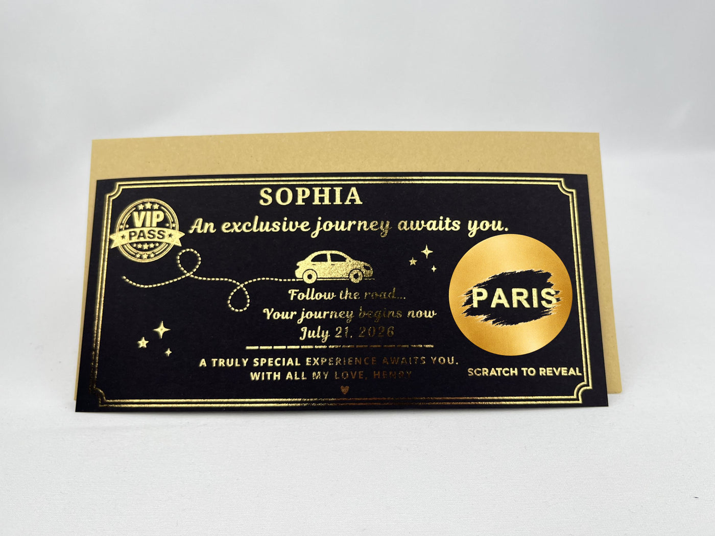 Personalised VIP Pass Scratch Card – Luxury Gold Reveal for Surprise Trips and Experiences