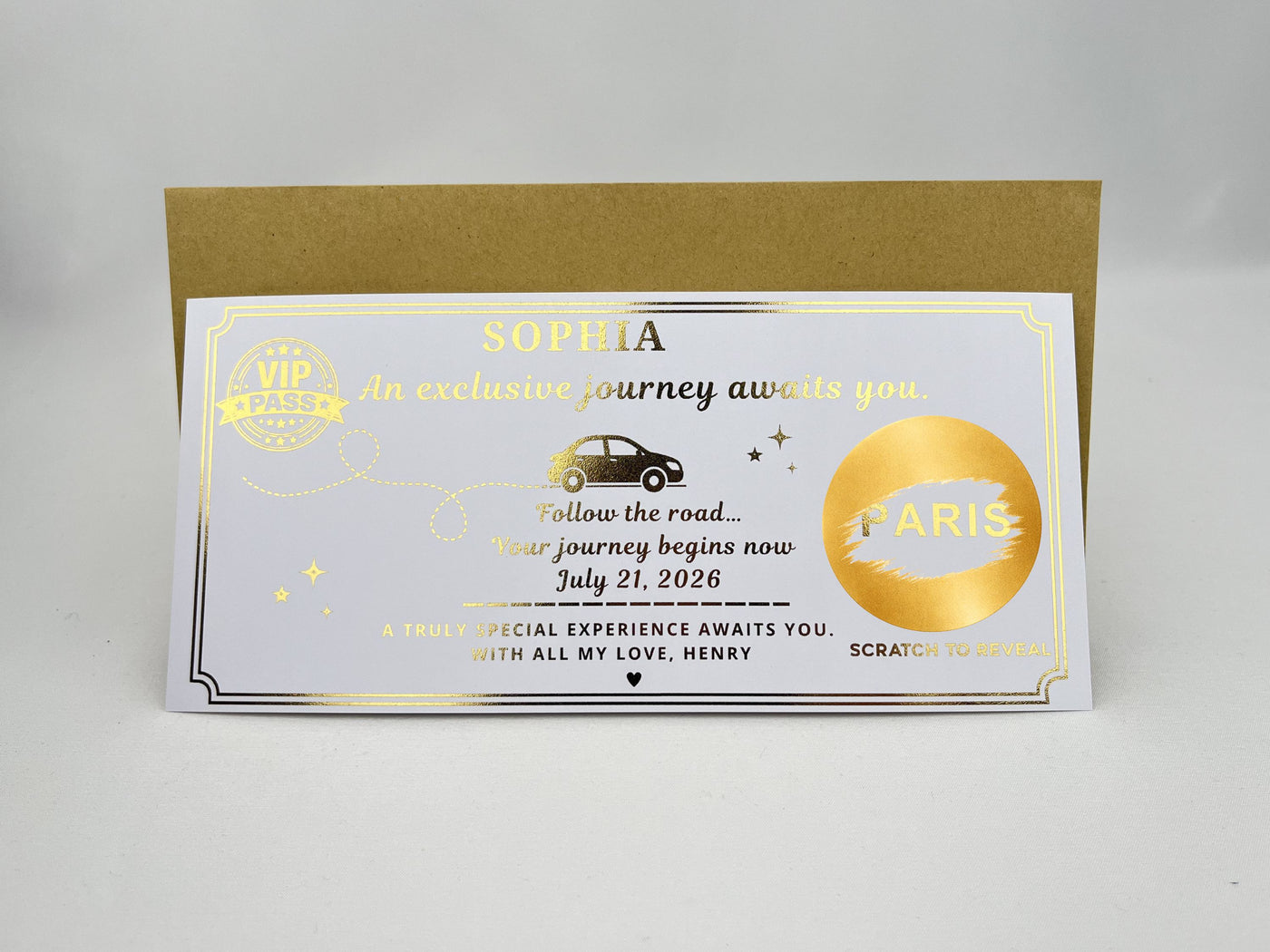Personalised VIP Pass Scratch Card – Luxury Gold Reveal for Surprise Trips and Experiences