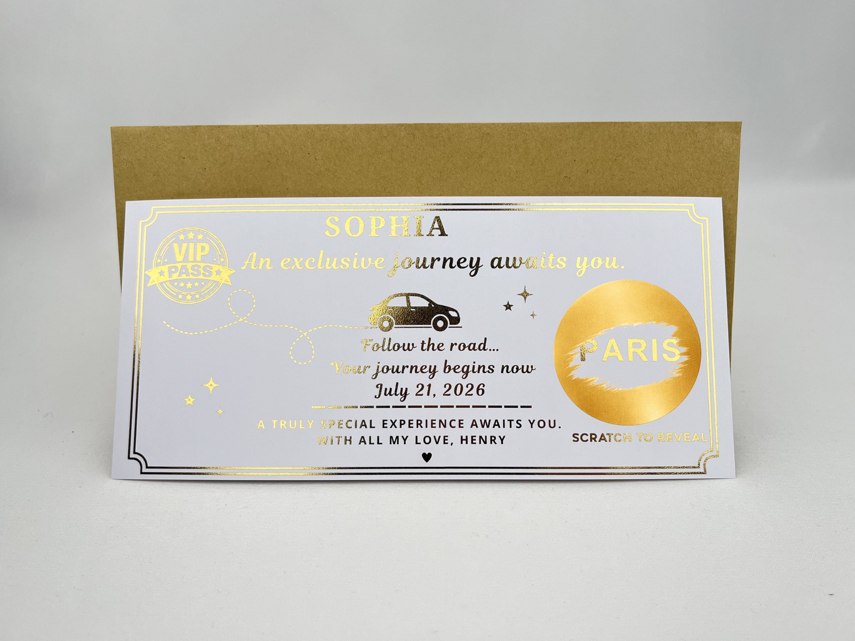 Personalised VIP Pass Scratch Card – Luxury Gold Reveal for Surprise Trips and Experiences