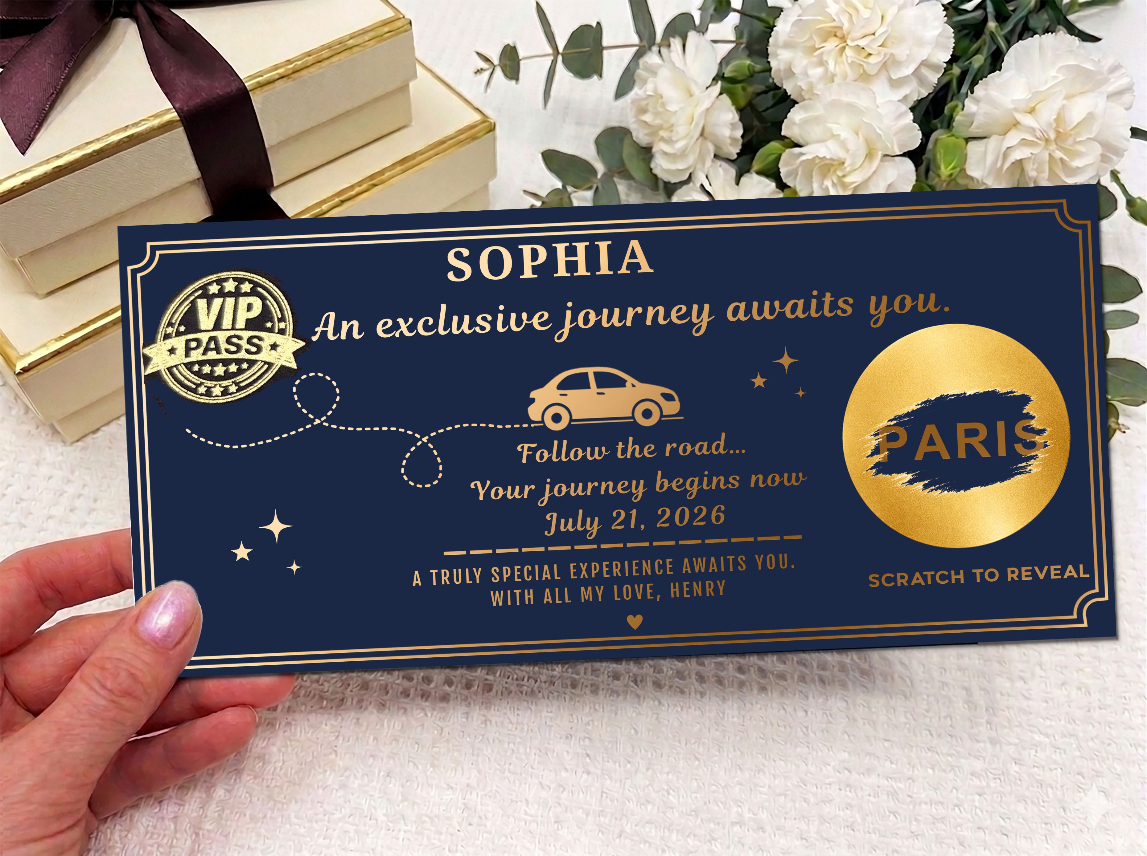 Personalised VIP Pass Scratch Card – Luxury Gold Reveal for Surprise Trips and Experiences