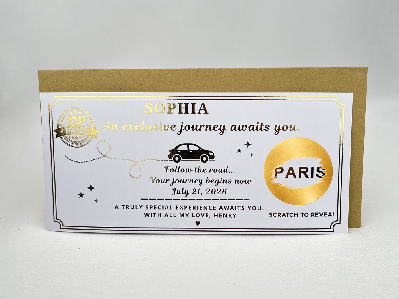 Personalised VIP Pass Scratch Card – Luxury Gold Reveal for Surprise Trips and Experiences