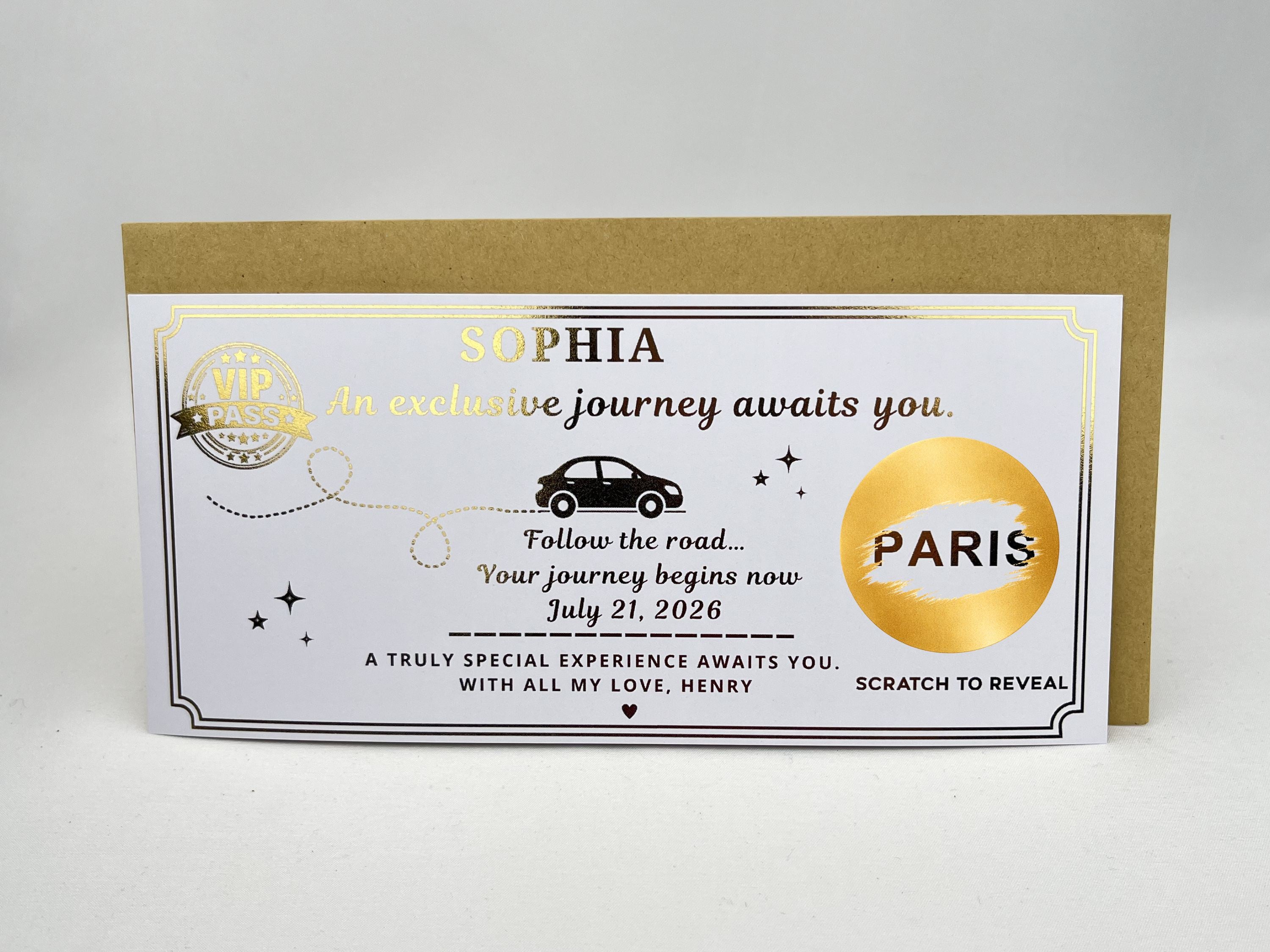 Personalised VIP Pass Scratch Card – Luxury Gold Reveal for Surprise Trips and Experiences