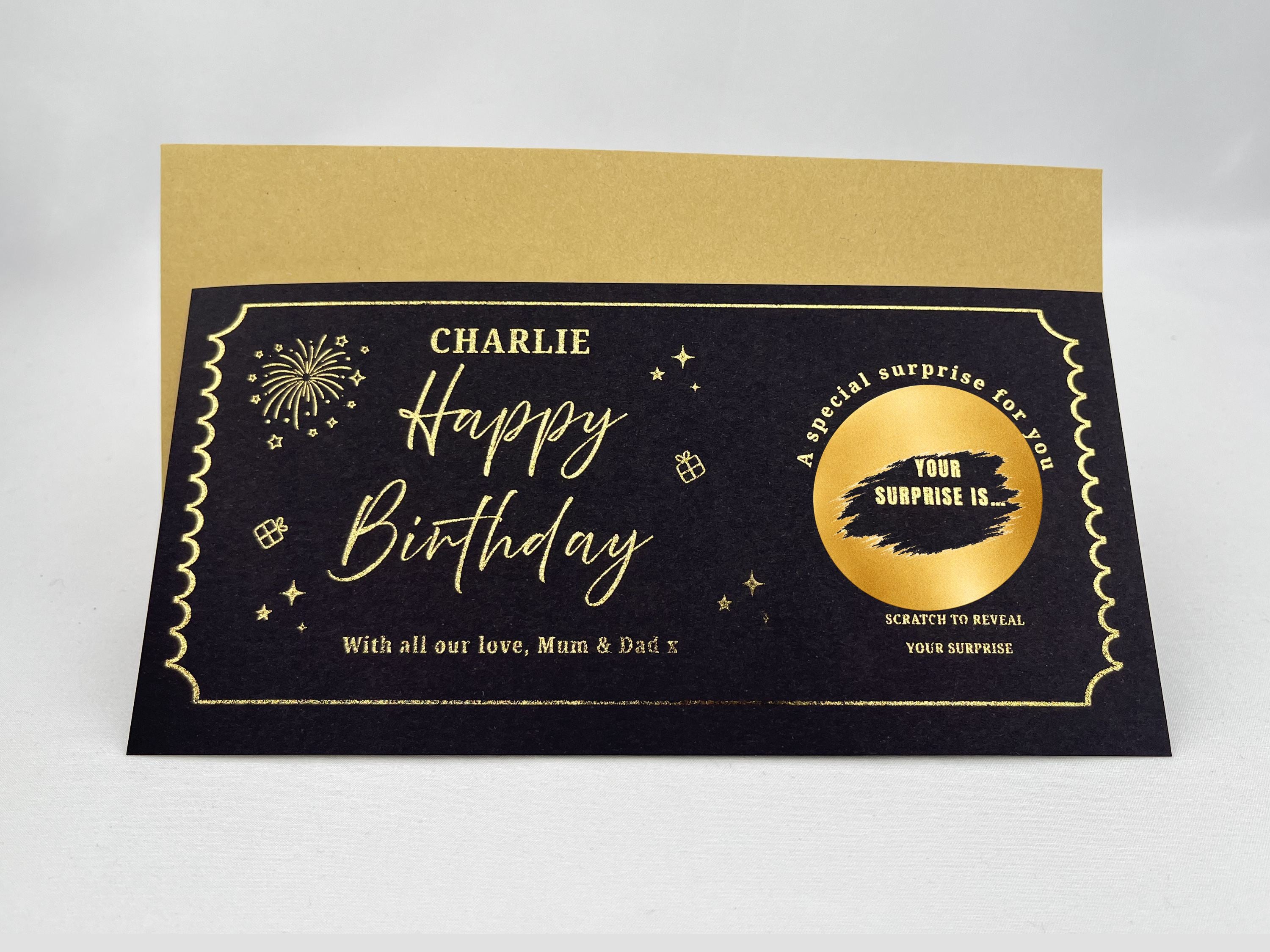 Personalised Happy Birthday Scratch Card – Gold Gift Reveal with Fireworks Design