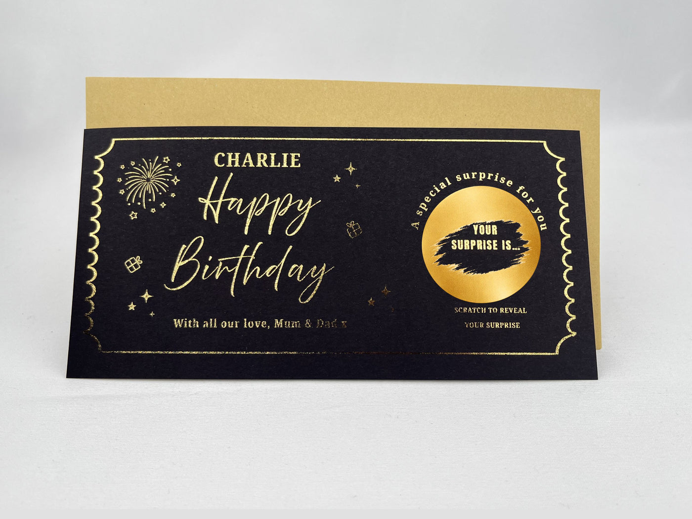 Personalised Happy Birthday Scratch Card – Gold Gift Reveal with Fireworks Design