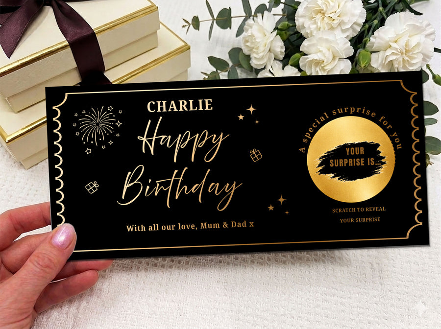 Personalised Happy Birthday Scratch Card – Gold Gift Reveal with Fireworks Design