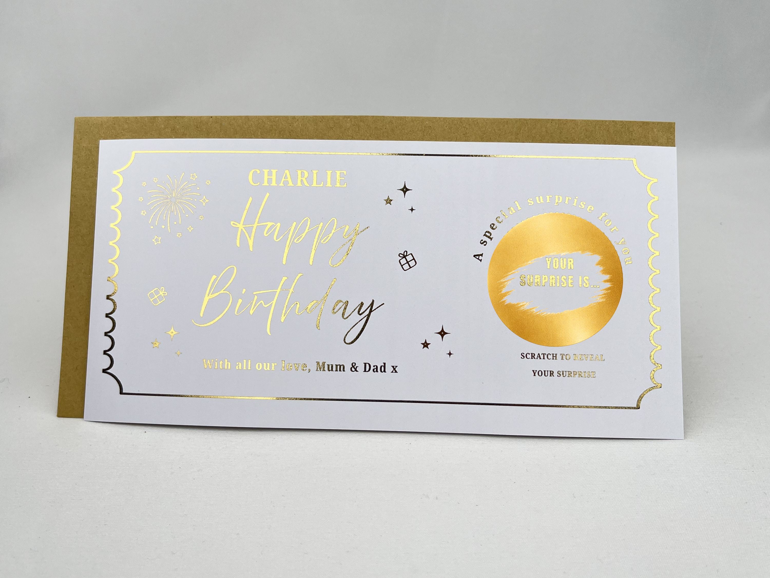 Personalised Happy Birthday Scratch Card – Gold Gift Reveal with Fireworks Design