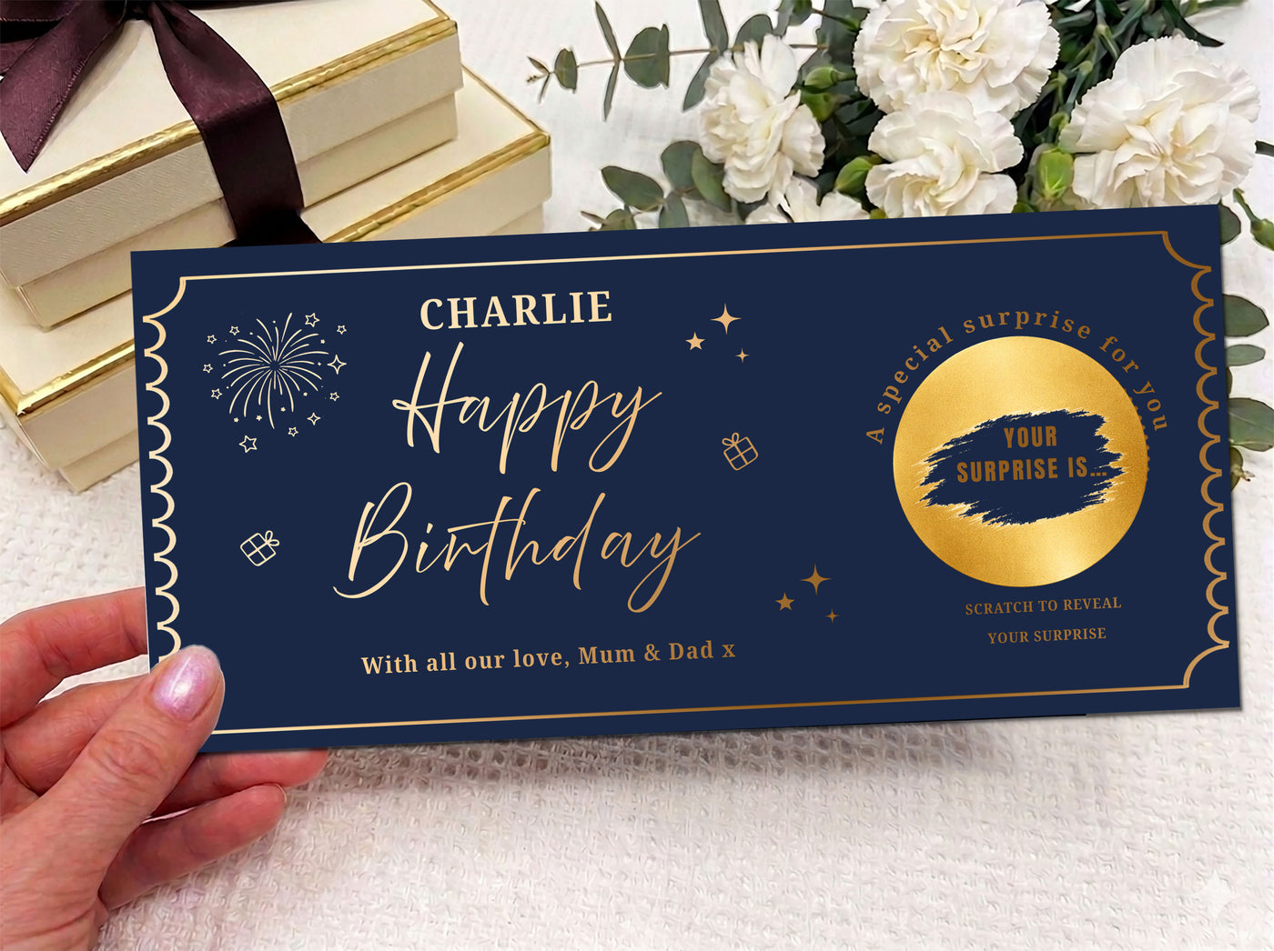 Personalised Happy Birthday Scratch Card – Gold Gift Reveal with Fireworks Design