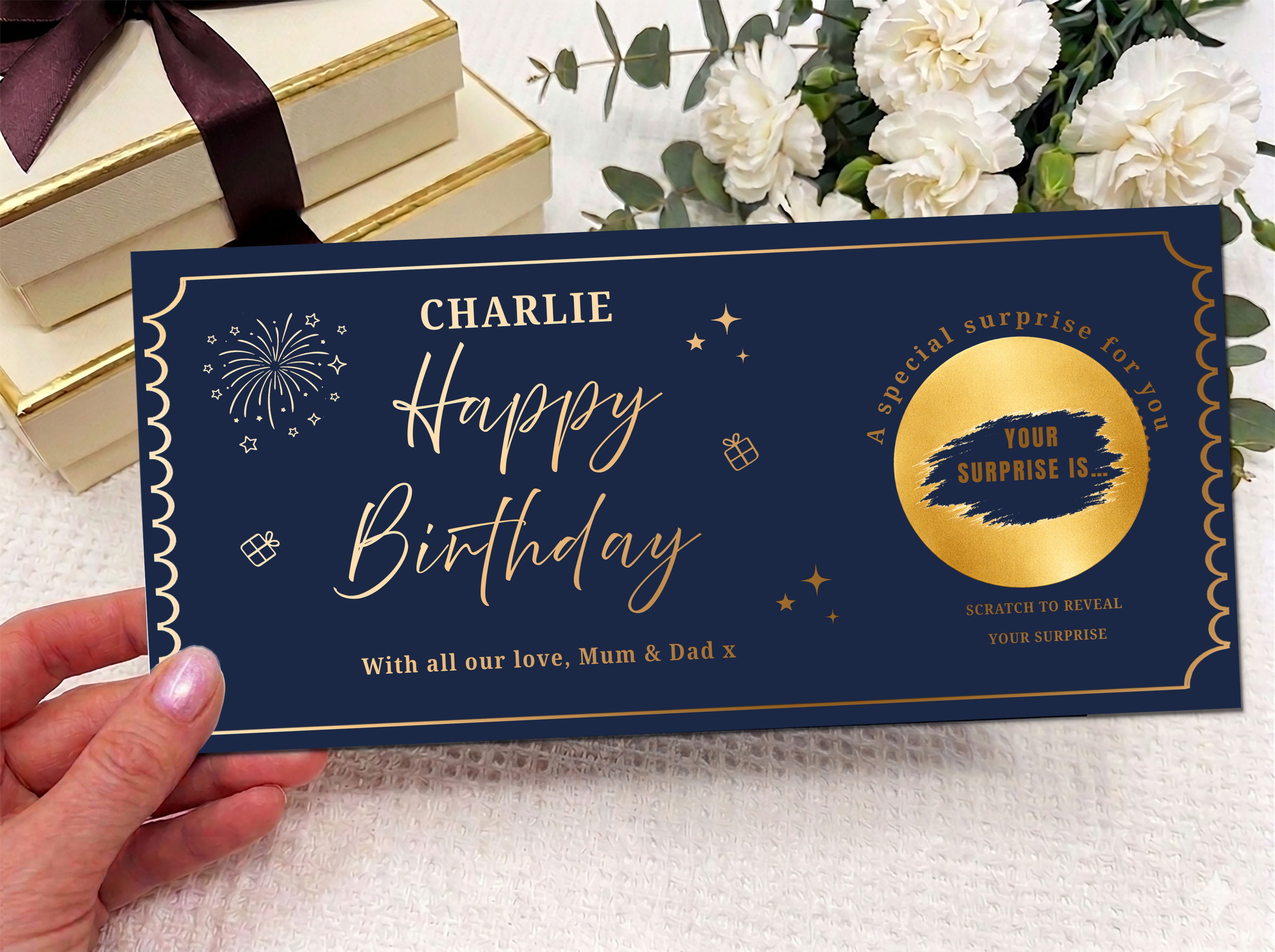 Personalised Happy Birthday Scratch Card – Gold Gift Reveal with Fireworks Design