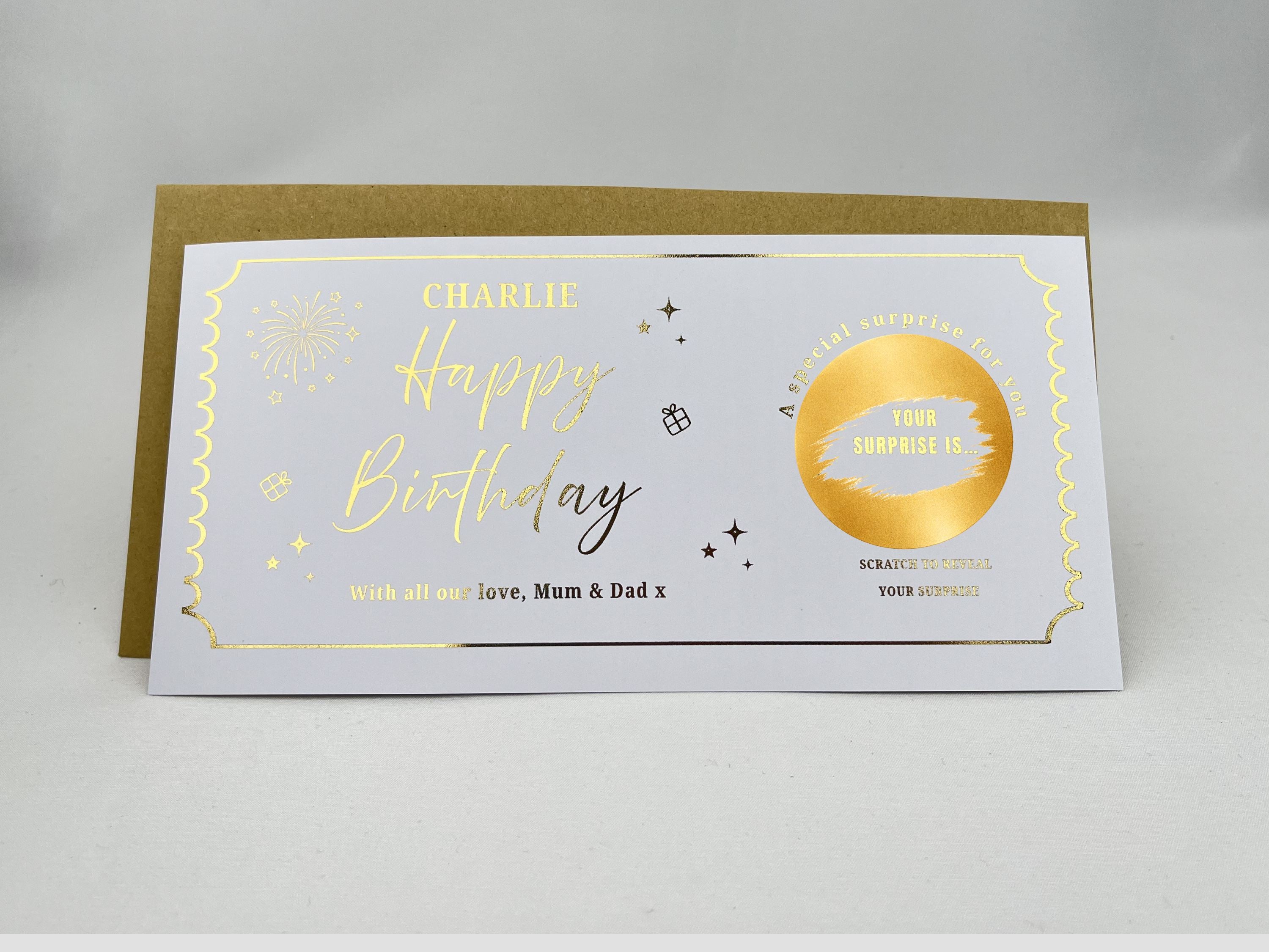 Personalised Happy Birthday Scratch Card – Gold Gift Reveal with Fireworks Design