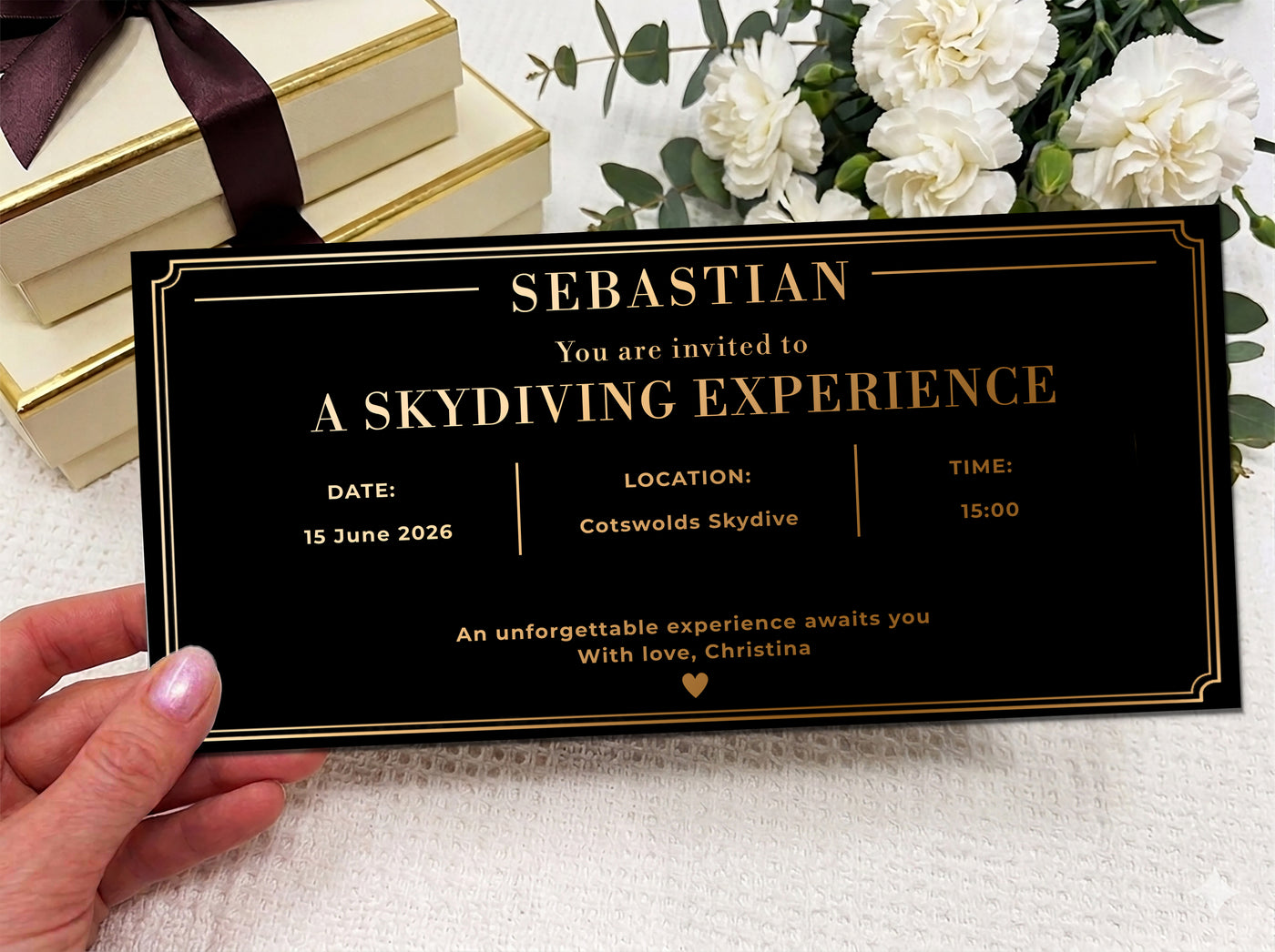Personalised Experience Gift Invitation Scratch Card – Gold Reveal for Skydiving, Spa & Adventures
