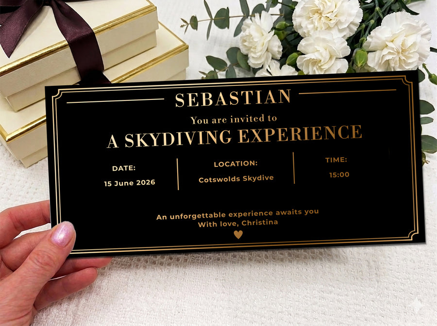 Personalised Experience Gift Invitation Scratch Card – Gold Reveal for Skydiving, Spa & Adventures