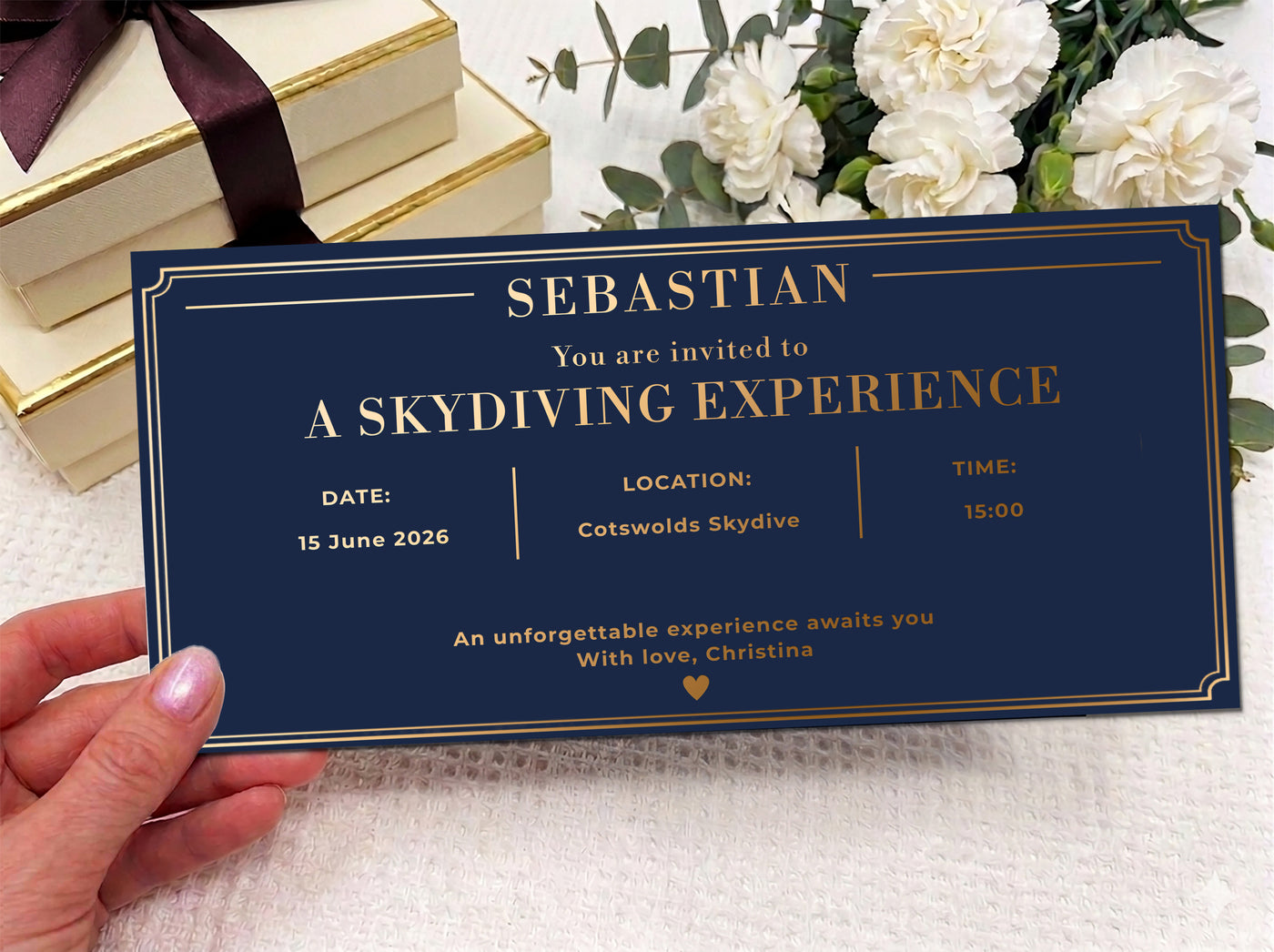 Personalised Experience Gift Invitation Scratch Card – Gold Reveal for Skydiving, Spa & Adventures