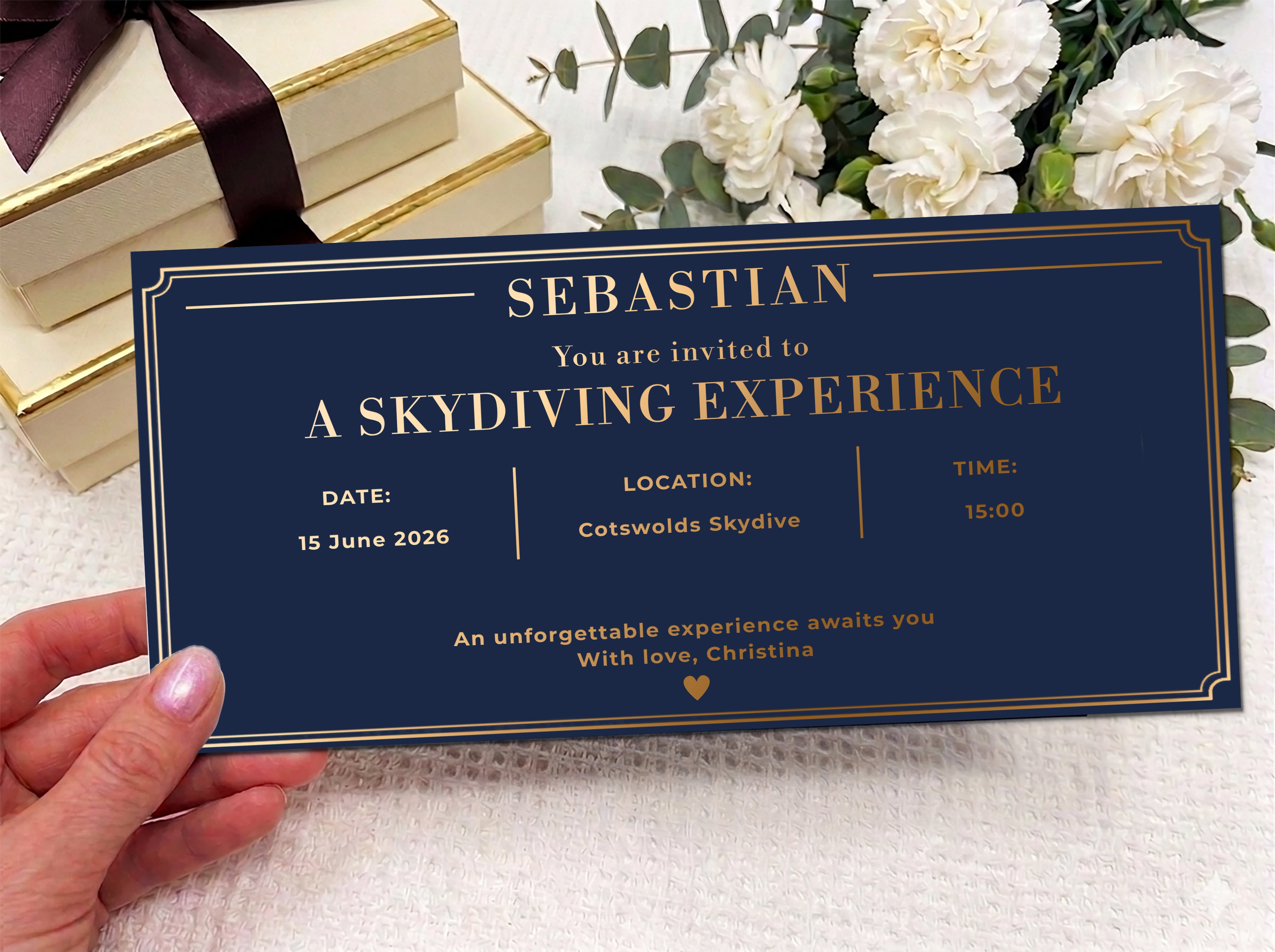 Personalised Experience Gift Invitation Scratch Card – Gold Reveal for Skydiving, Spa & Adventures