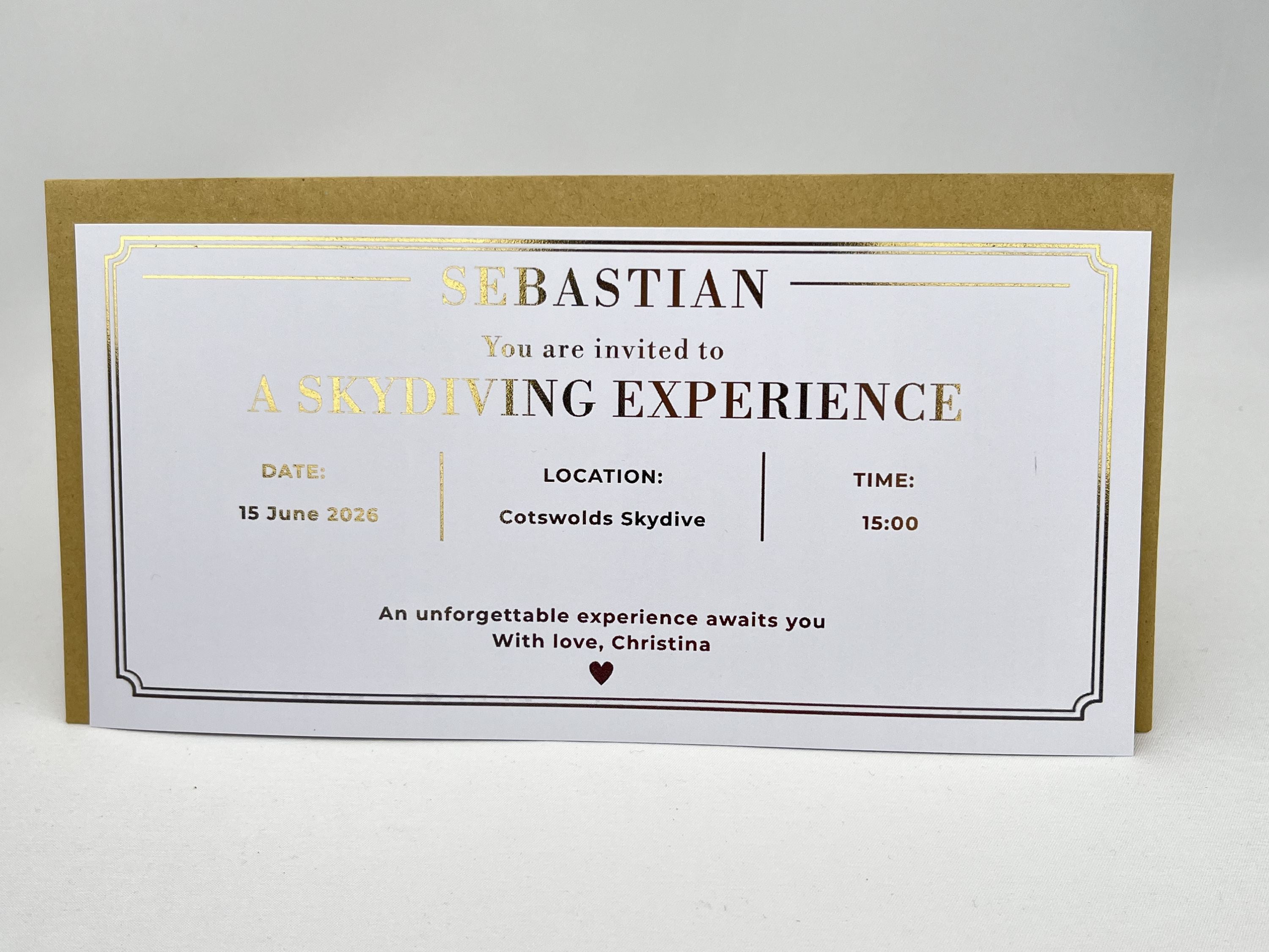 Personalised Experience Gift Invitation Scratch Card – Gold Reveal for Skydiving, Spa & Adventures