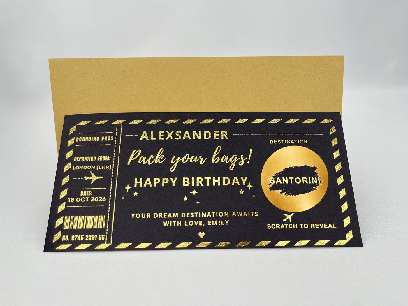 Personalised "Pack Your Bags" Boarding Pass – Gold Holiday Reveal Scratch Card