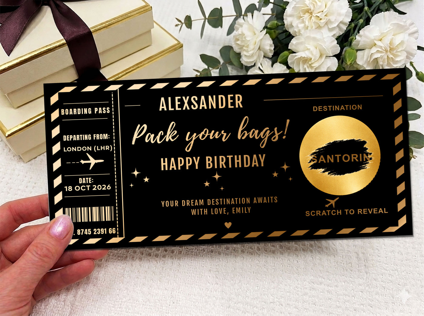 Personalised "Pack Your Bags" Boarding Pass – Gold Holiday Reveal Scratch Card
