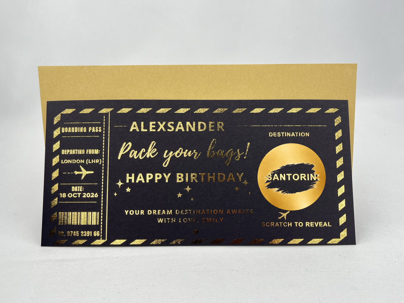 Personalised "Pack Your Bags" Boarding Pass – Gold Holiday Reveal Scratch Card