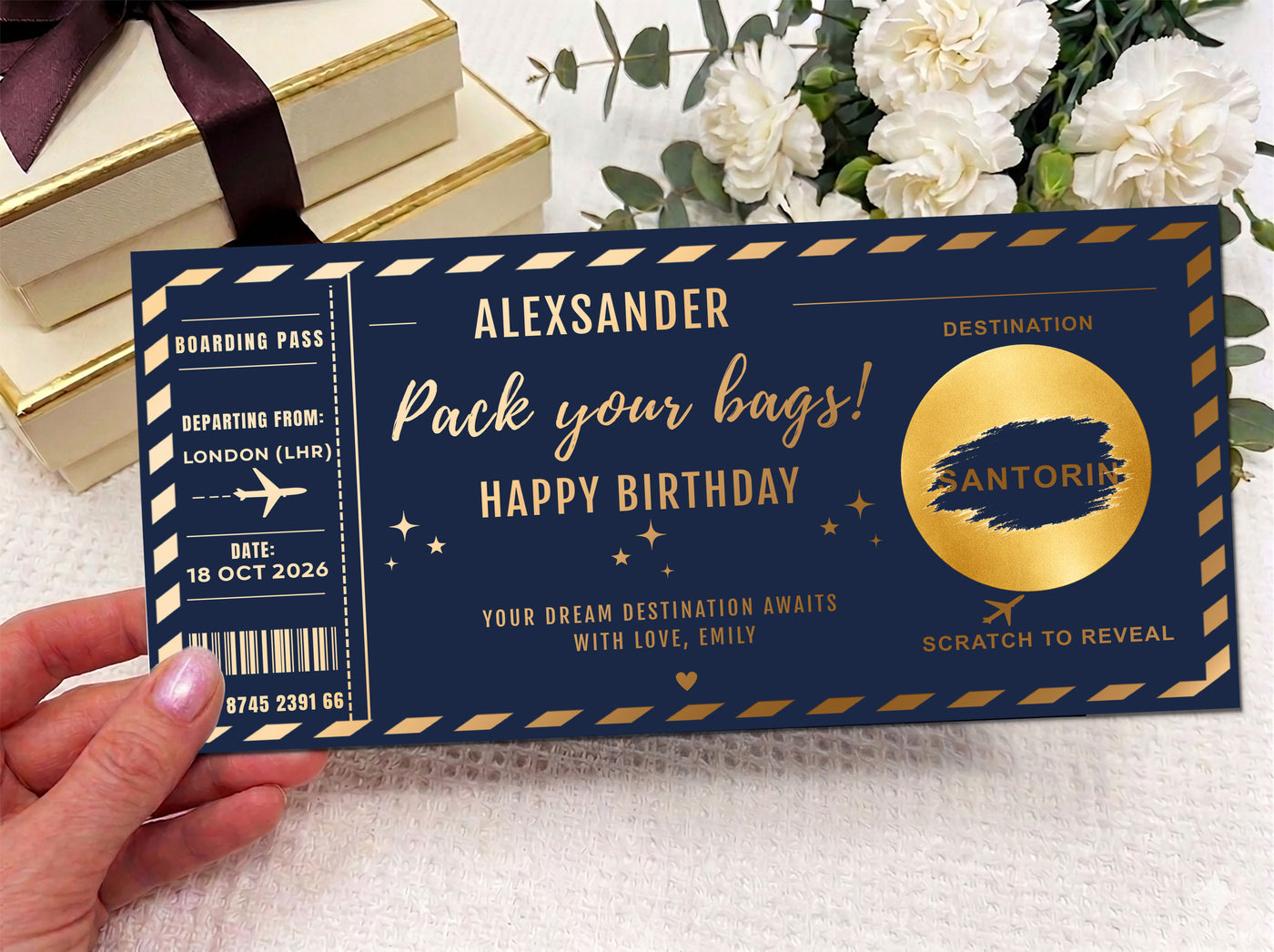 Personalised "Pack Your Bags" Boarding Pass – Gold Holiday Reveal Scratch Card
