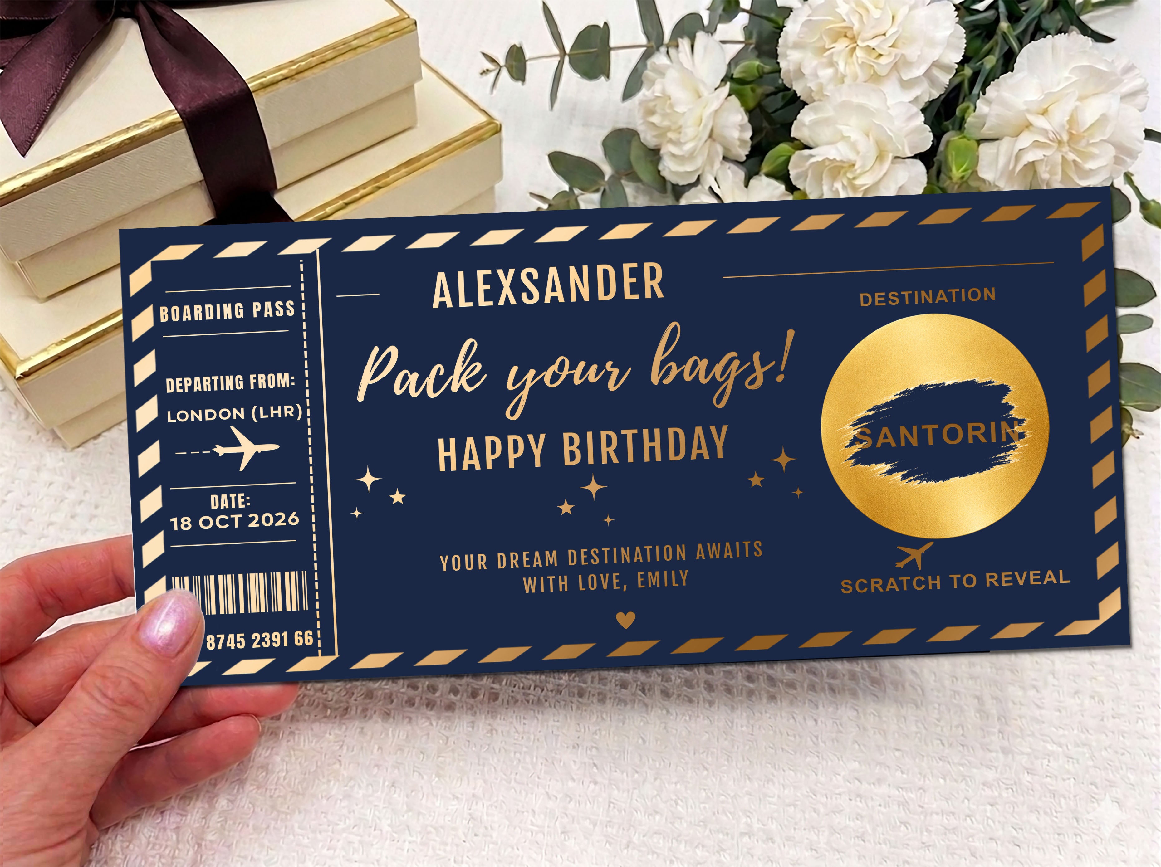 Personalised "Pack Your Bags" Boarding Pass – Gold Holiday Reveal Scratch Card