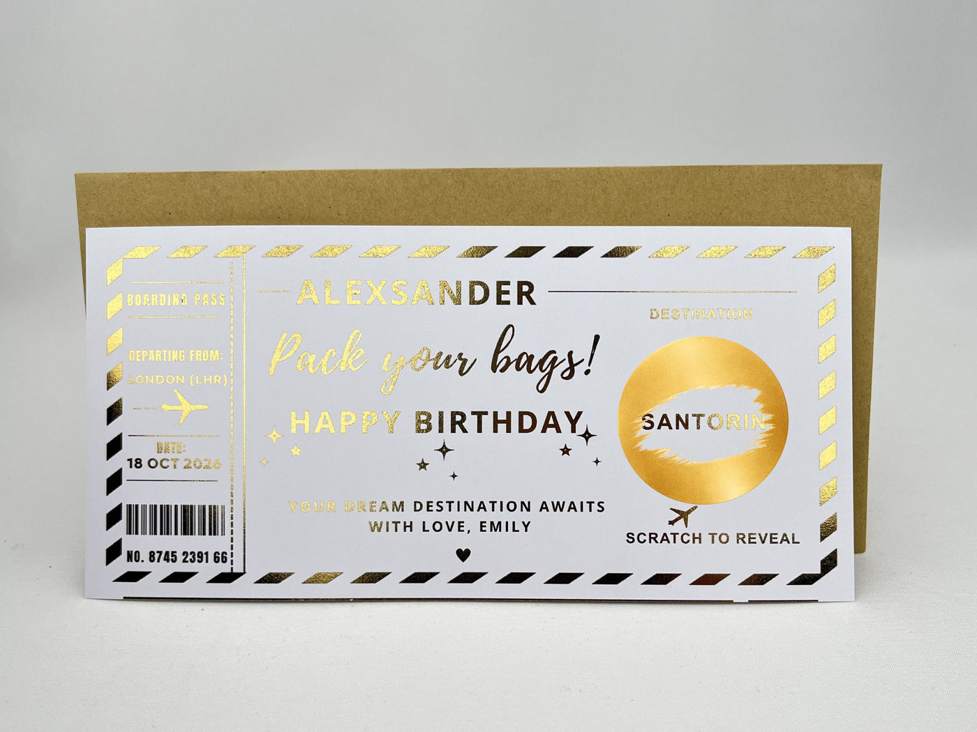 Personalised "Pack Your Bags" Boarding Pass – Gold Holiday Reveal Scratch Card