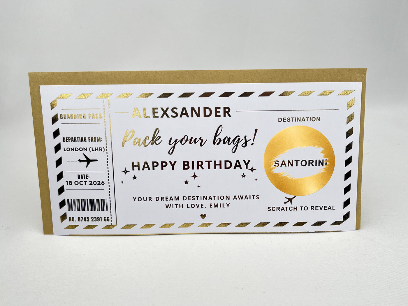 Personalised "Pack Your Bags" Boarding Pass – Gold Holiday Reveal Scratch Card