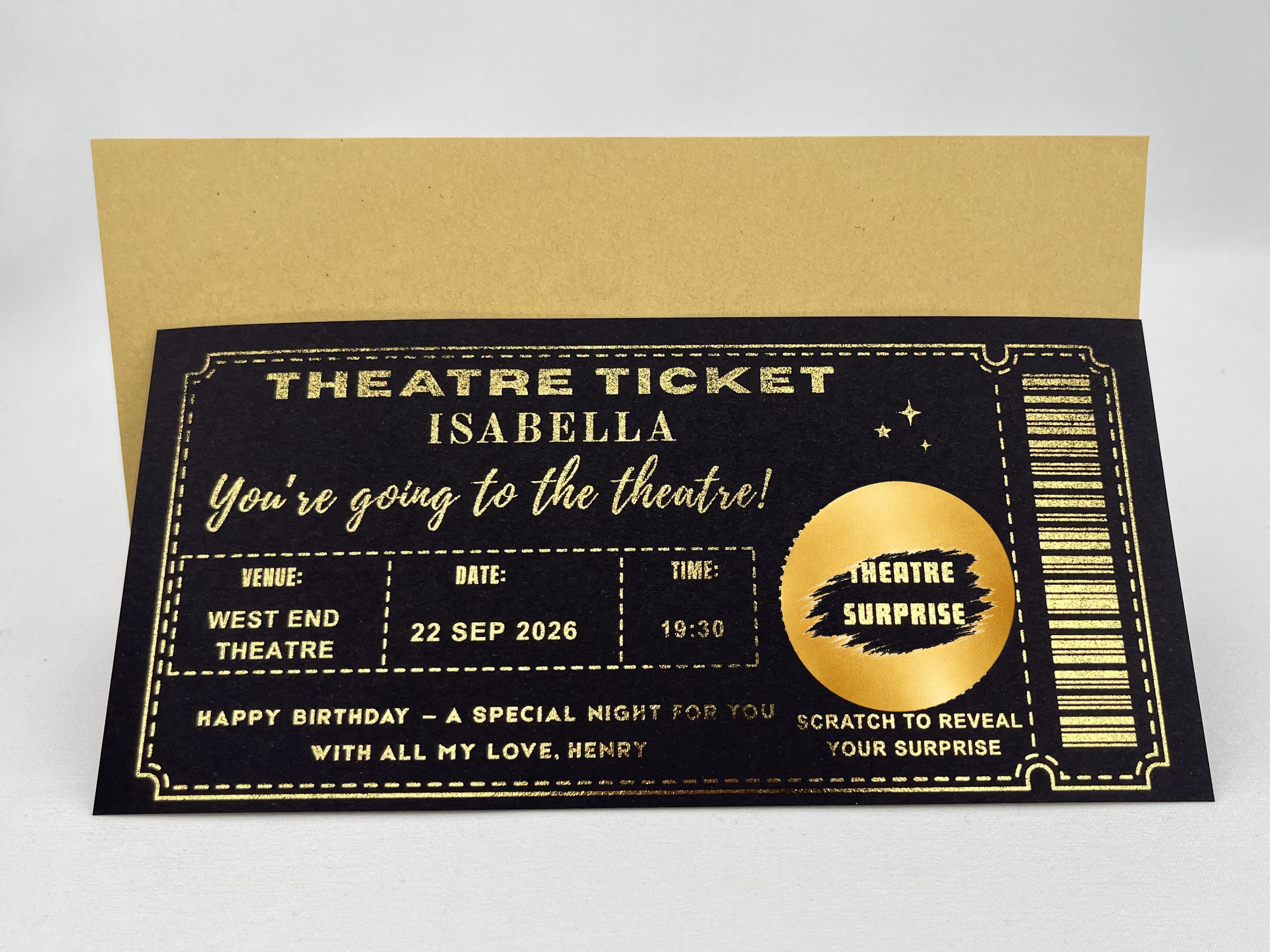 Personalised Theatre Ticket Scratch Card – Gold Reveal for West End Shows & Musicals