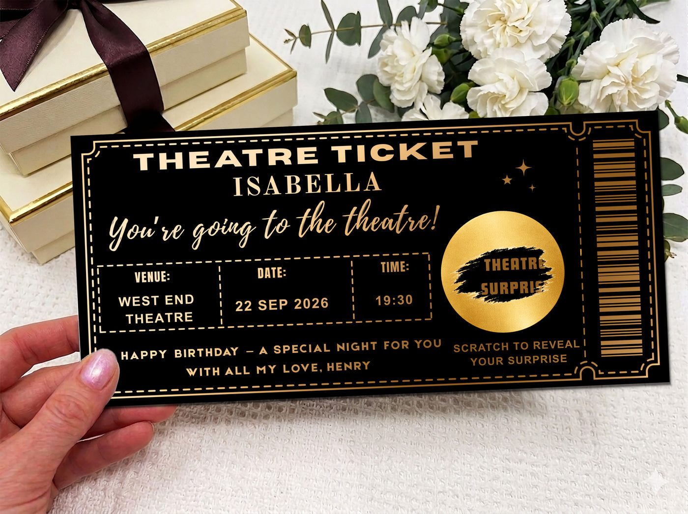 Personalised Theatre Ticket Scratch Card – Gold Reveal for West End Shows & Musicals