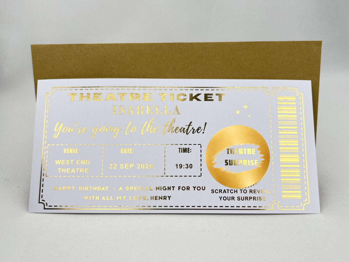 Personalised Theatre Ticket Scratch Card – Gold Reveal for West End Shows & Musicals