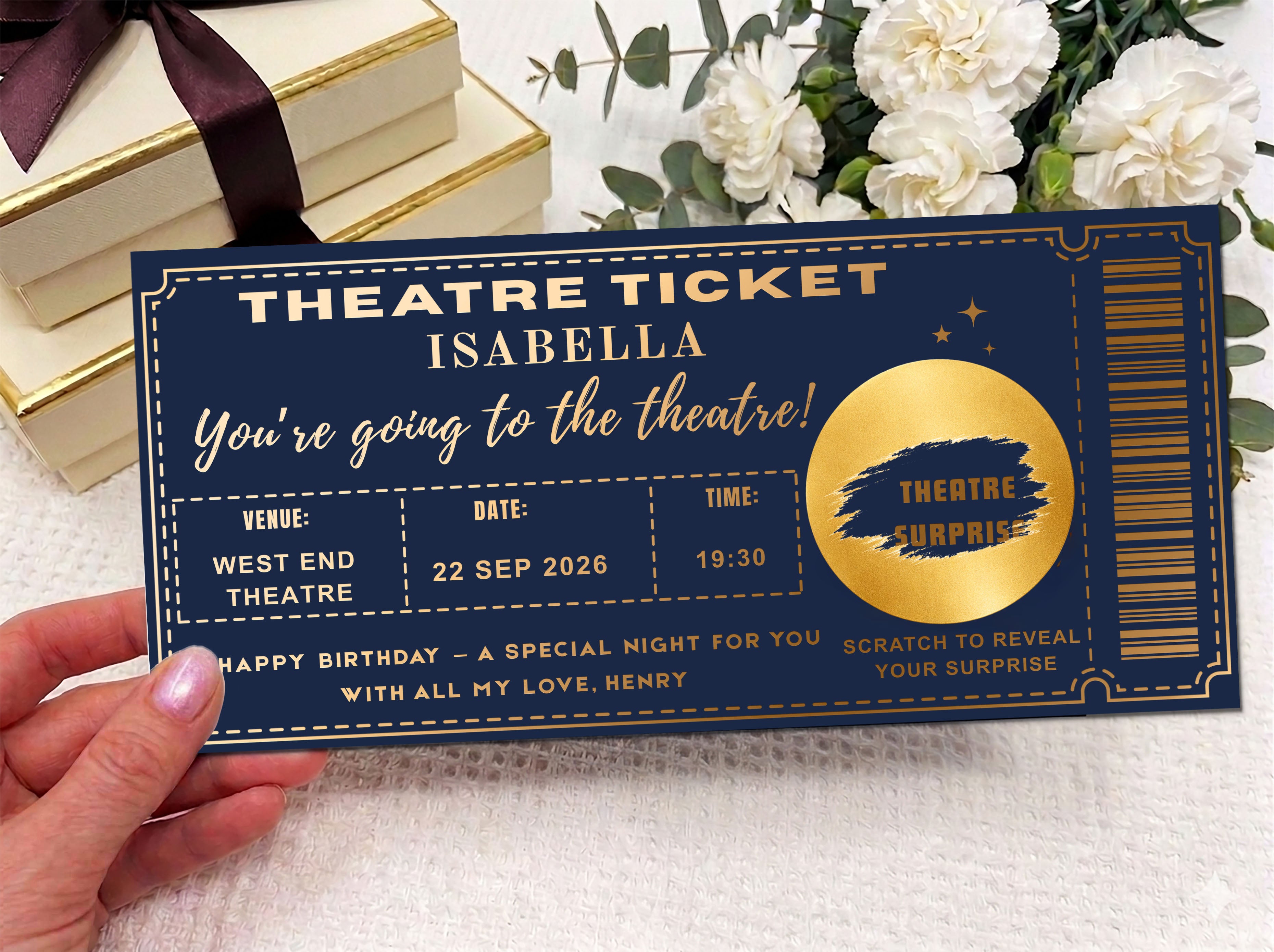 Personalised Theatre Ticket Scratch Card – Gold Reveal for West End Shows & Musicals