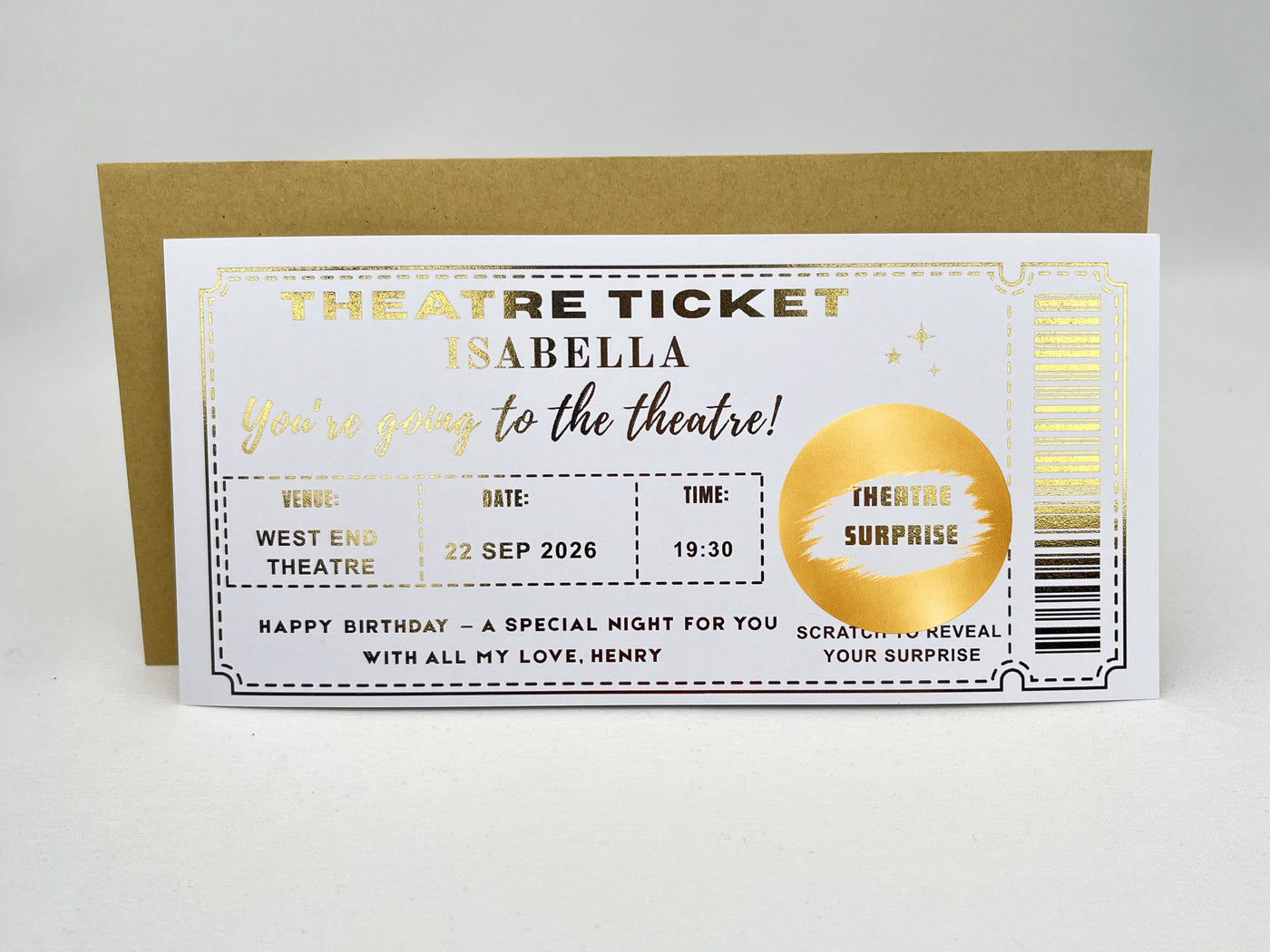 Personalised Theatre Ticket Scratch Card – Gold Reveal for West End Shows & Musicals