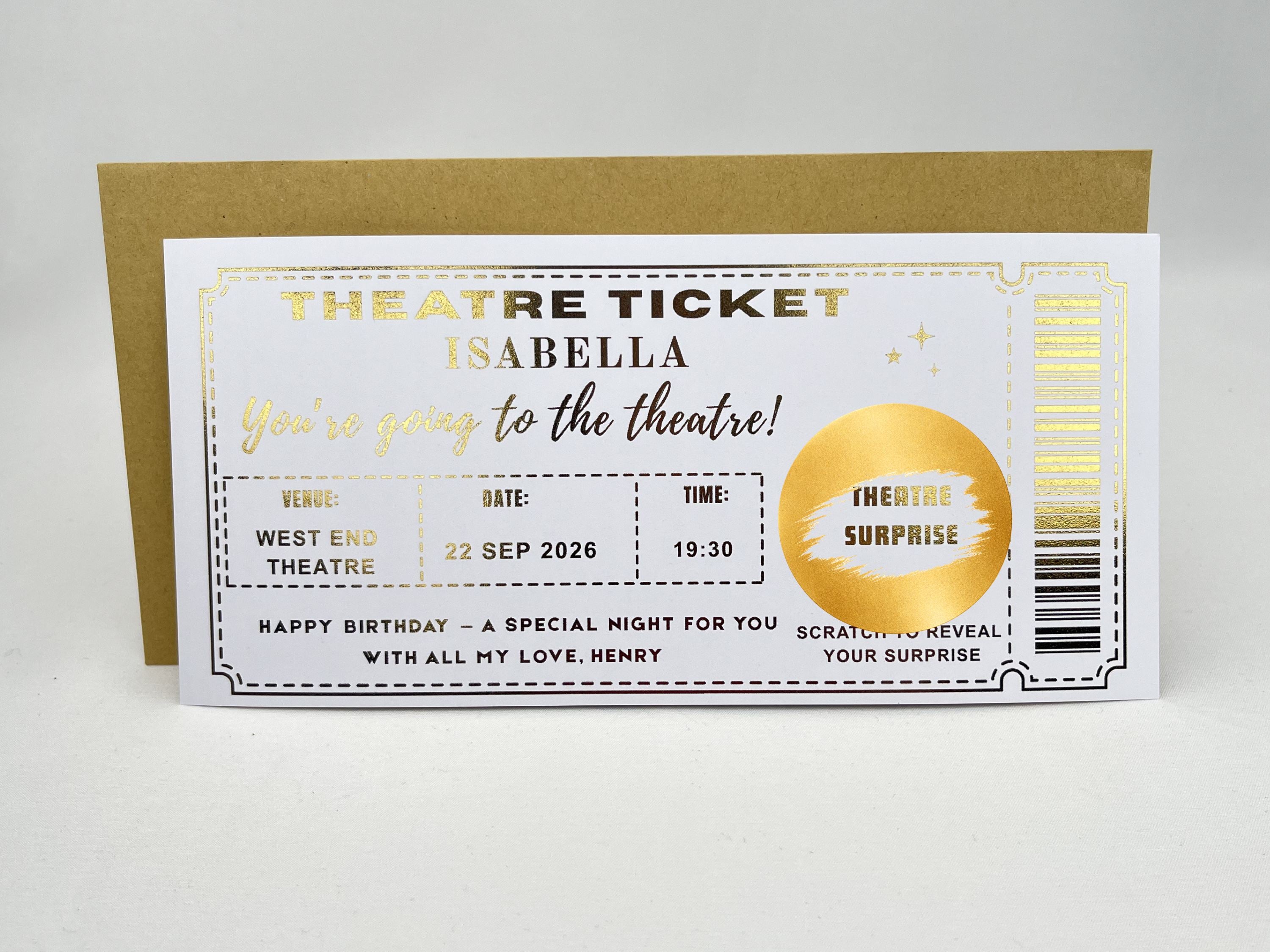 Personalised Theatre Ticket Scratch Card – Gold Reveal for West End Shows & Musicals