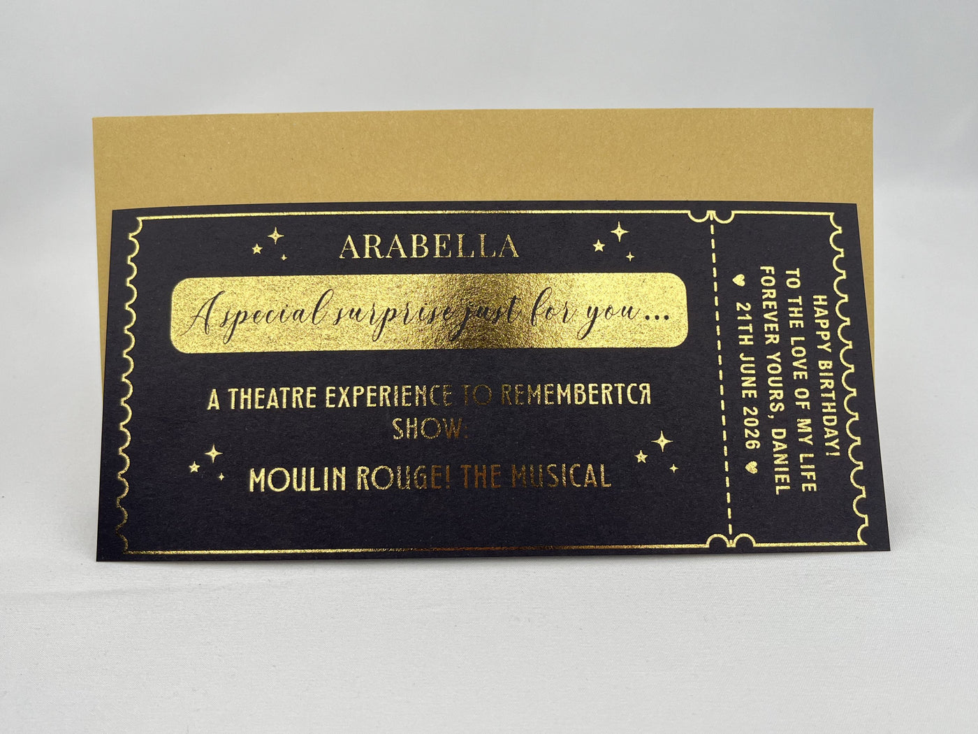 Personalised Musical Theatre Ticket Scratch Card – Luxury Gold Reveal for West End & Broadway Shows