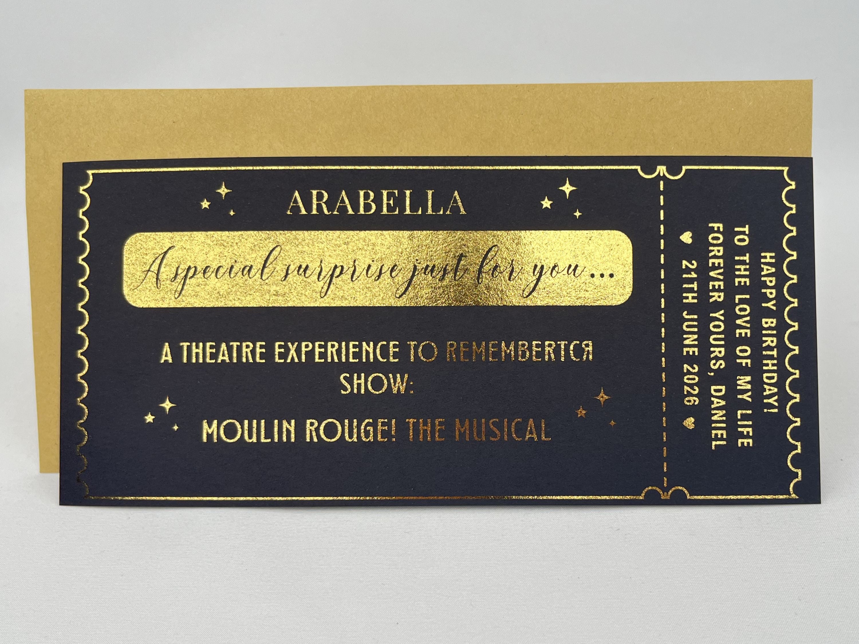 Personalised Musical Theatre Ticket Scratch Card – Luxury Gold Reveal for West End & Broadway Shows