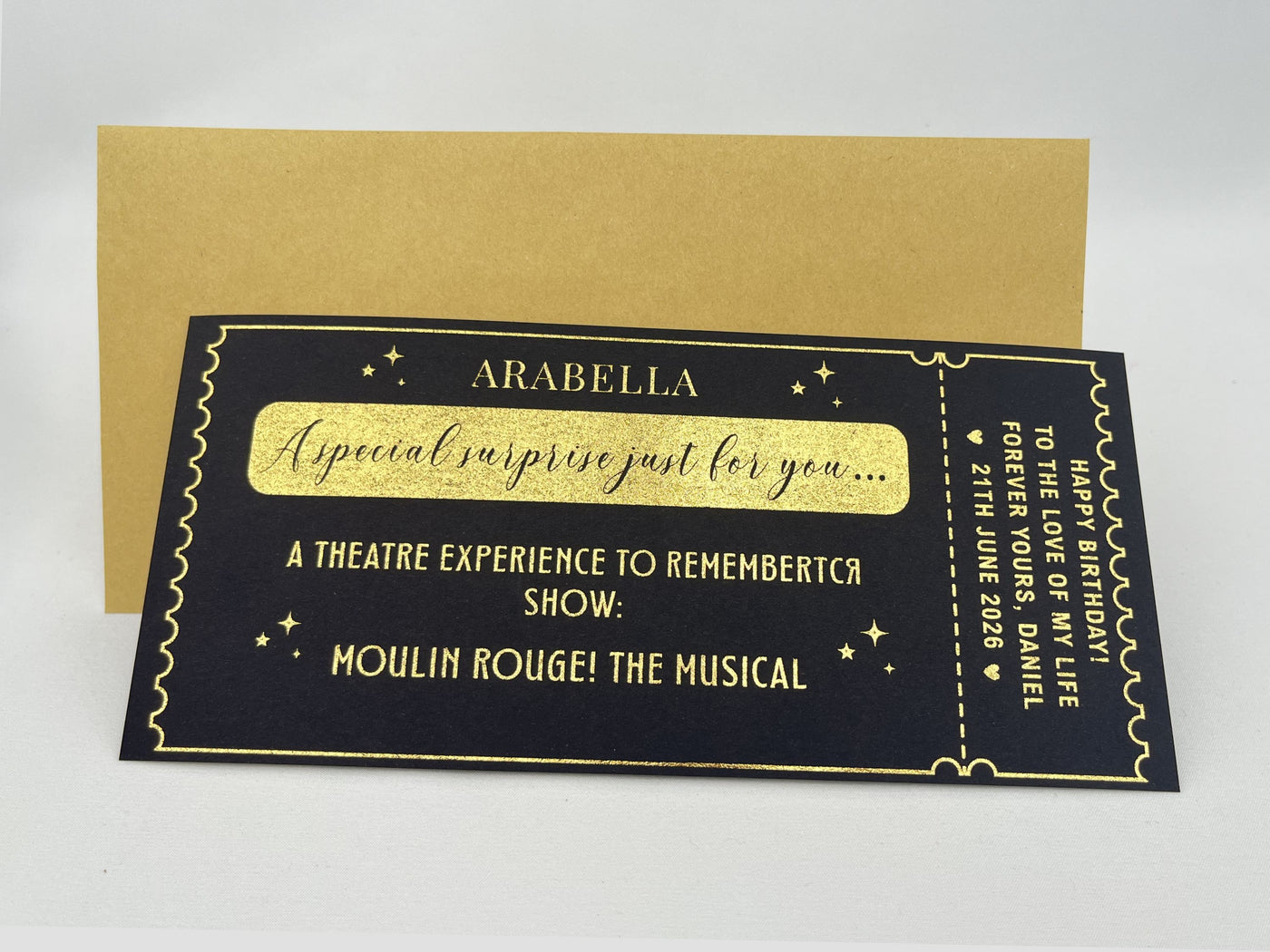 Personalised Musical Theatre Ticket Scratch Card – Luxury Gold Reveal for West End & Broadway Shows