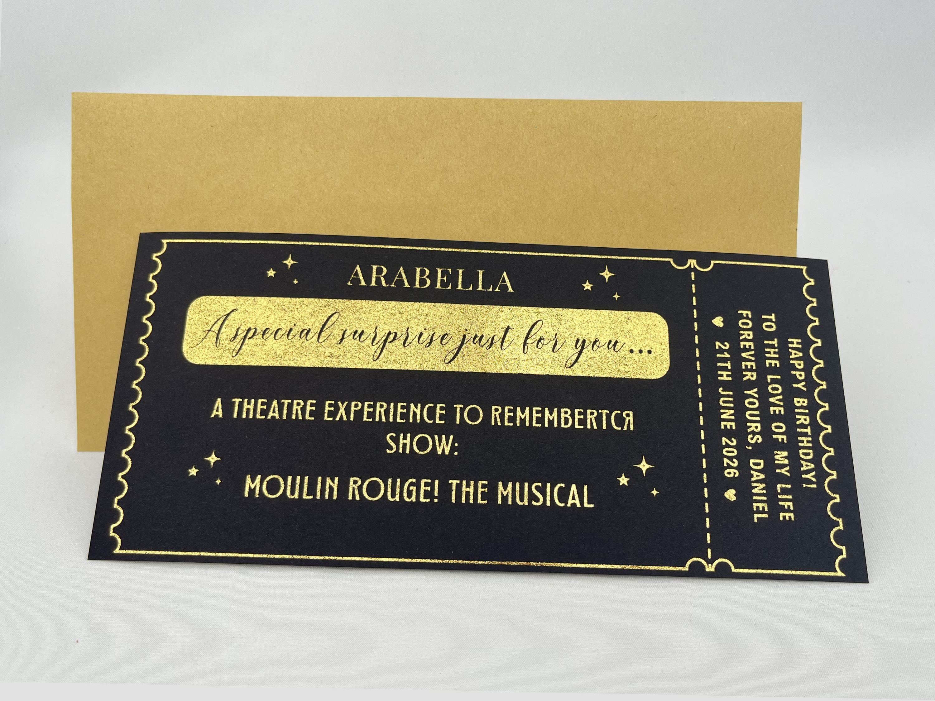 Personalised Musical Theatre Ticket Scratch Card – Luxury Gold Reveal for West End & Broadway Shows