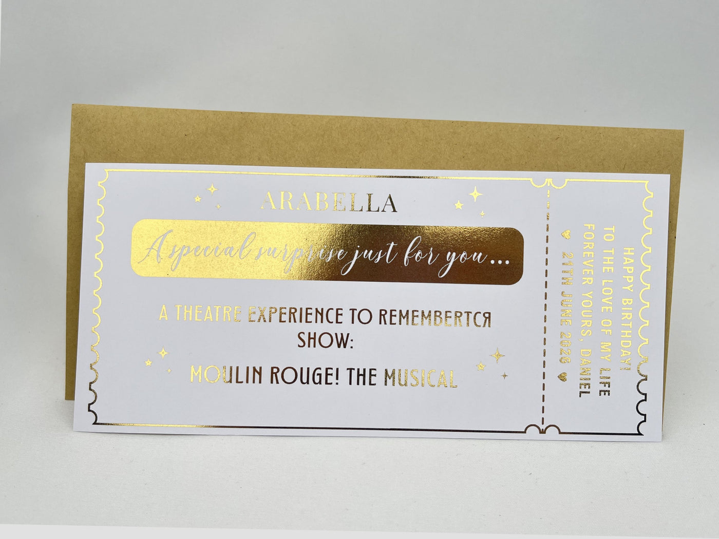 Personalised Musical Theatre Ticket Scratch Card – Luxury Gold Reveal for West End & Broadway Shows