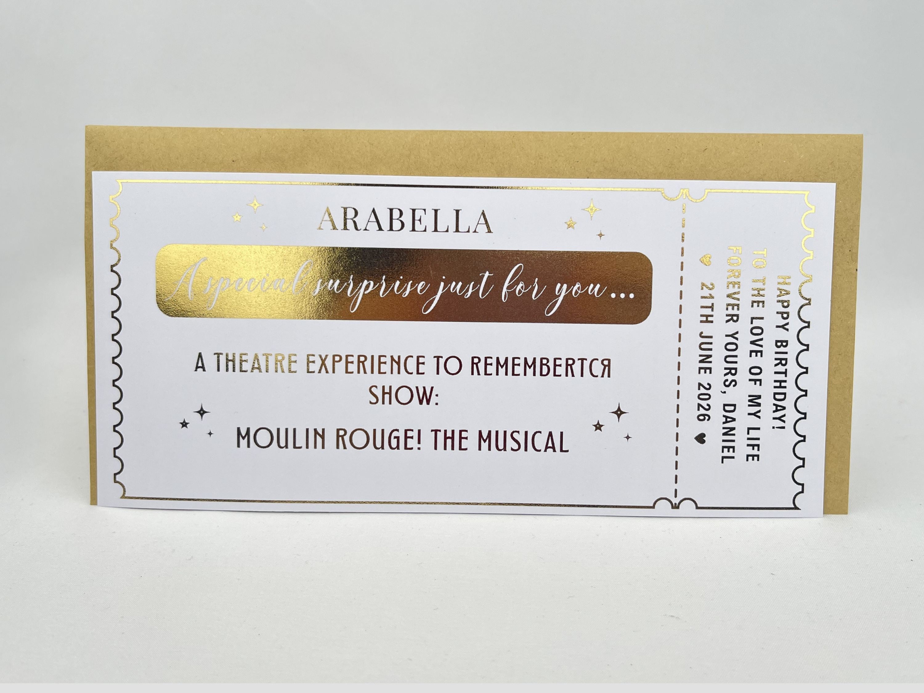 Personalised Musical Theatre Ticket Scratch Card – Luxury Gold Reveal for West End & Broadway Shows