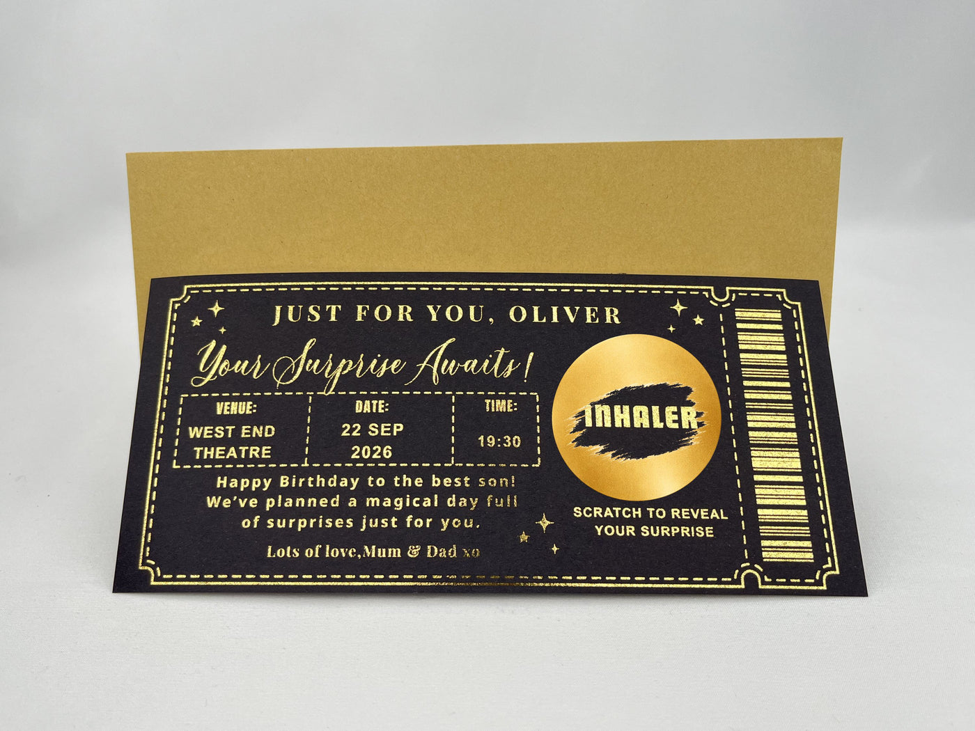Personalised Concert Ticket Scratch Card – Gold Surprise Reveal for Gigs, Theatre & Events