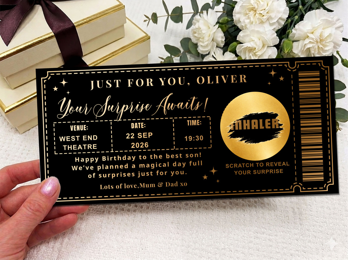 Personalised Concert Ticket Scratch Card – Gold Surprise Reveal for Gigs, Theatre & Events