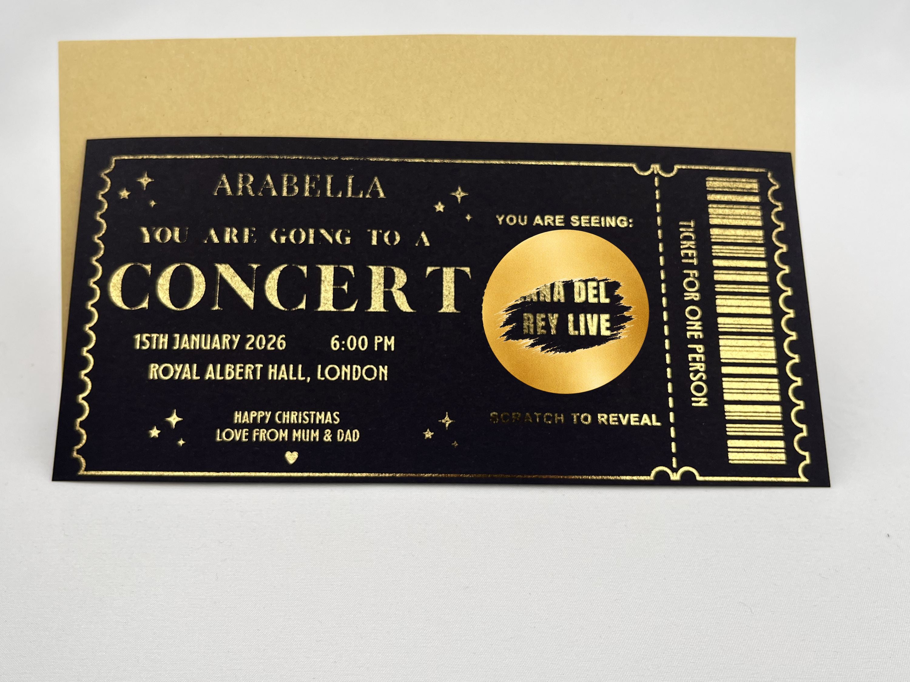 Personalised Concert Ticket Scratch Card - Gold Surprise Reveal for Music Gigs & Festivals